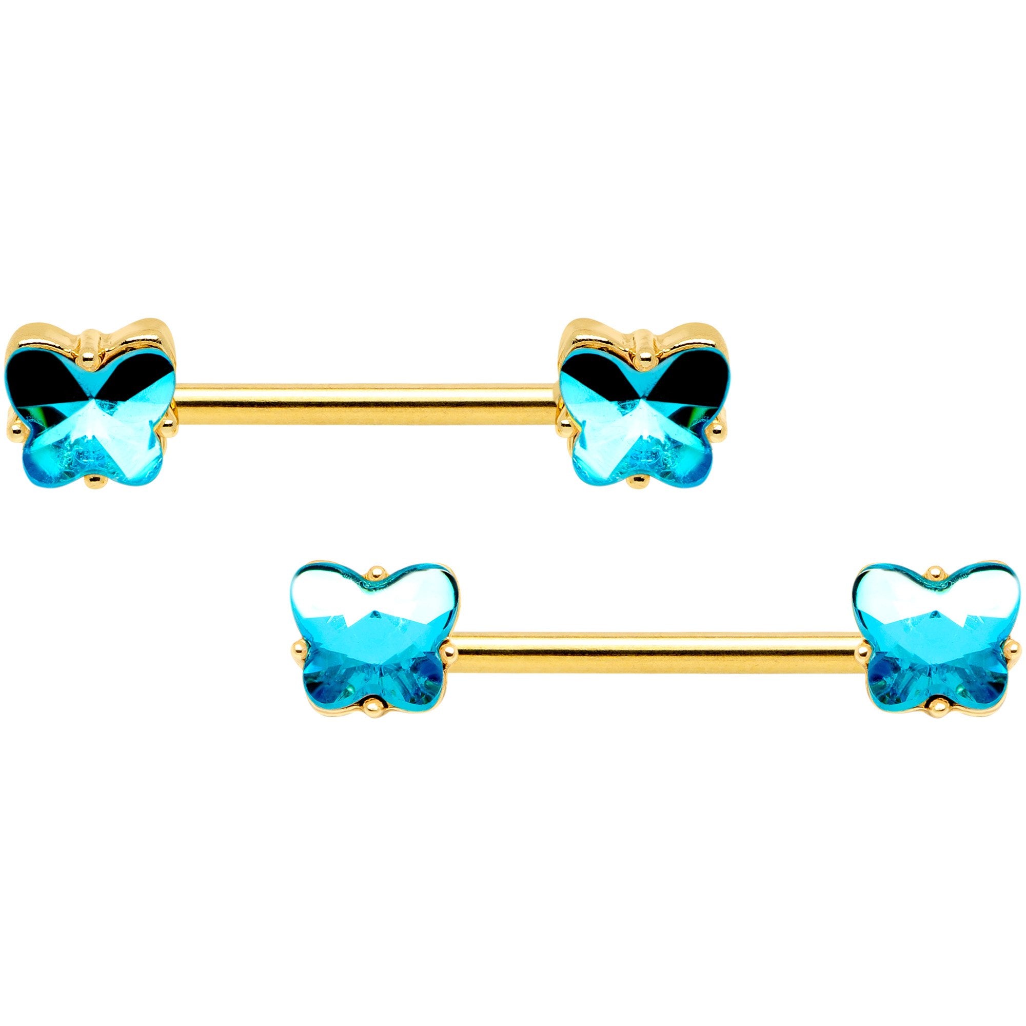 14 Gauge Aqua Gem Butterfly Gold Tone BCR Barbell Nipple Ring Set of 4