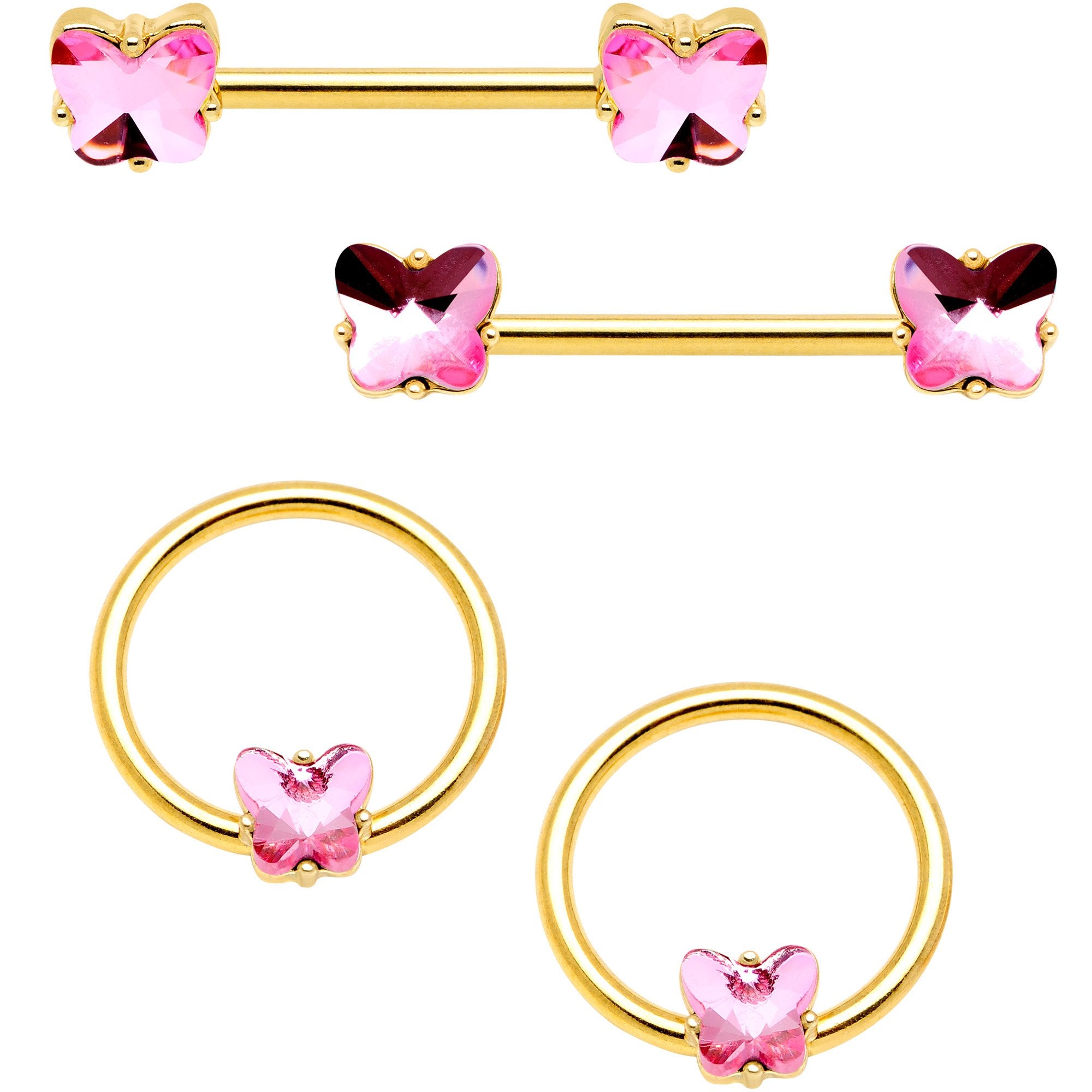 14 Gauge Pink Gem Butterfly Gold Tone BCR Barbell Nipple Ring Set