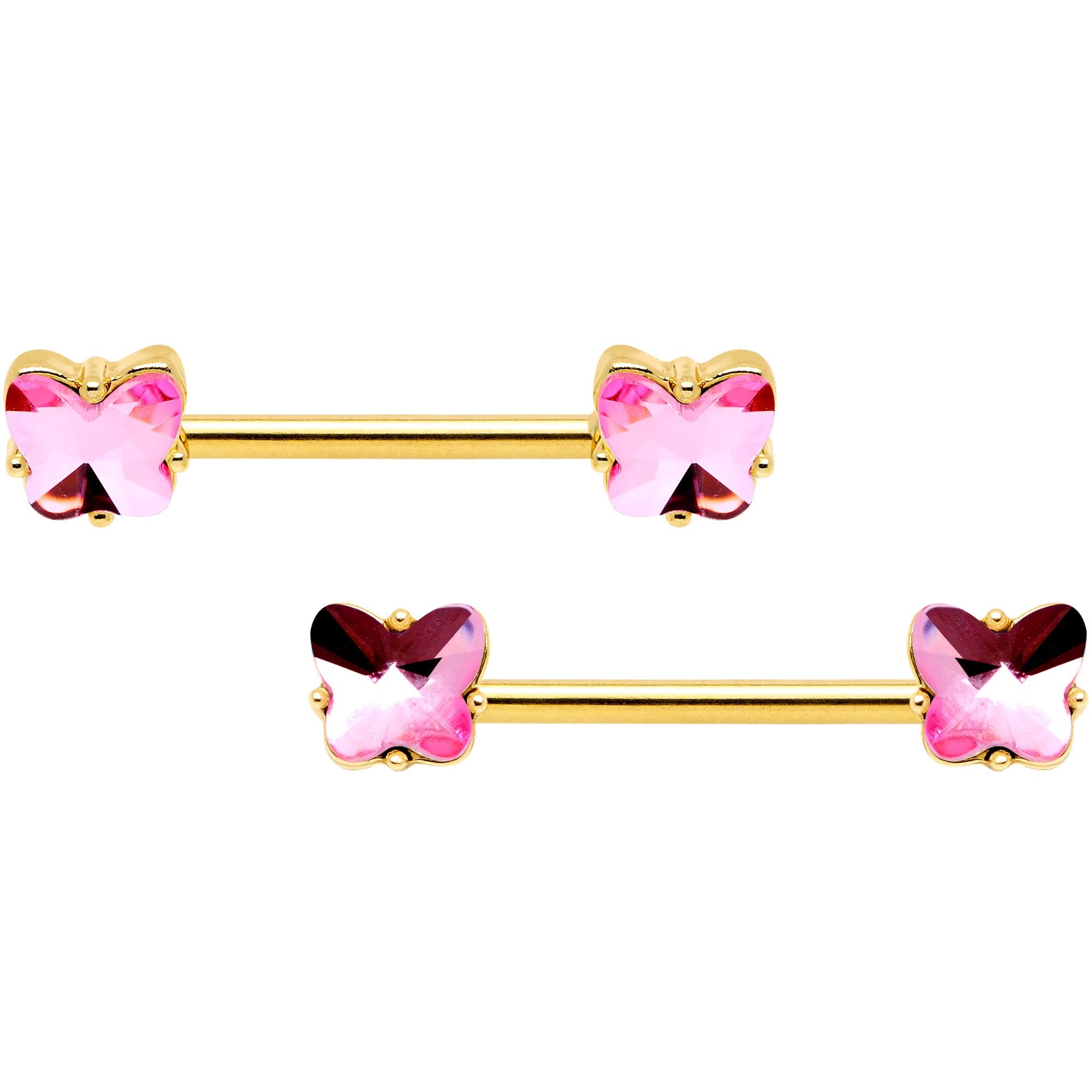 14 Gauge Pink Gem Butterfly Gold Tone BCR Barbell Nipple Ring Set