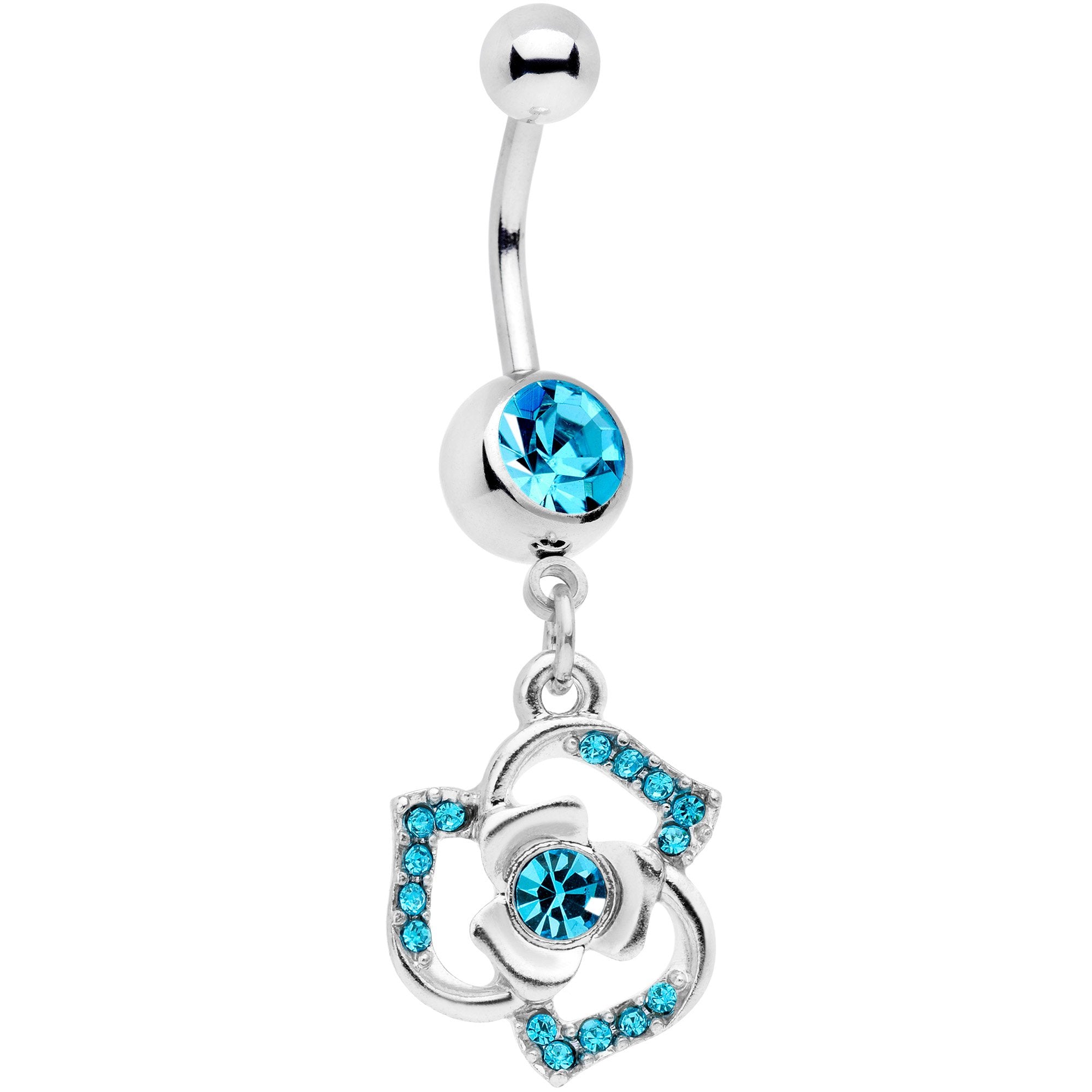 Aqua Gem Single Rose Flower Dangle Belly Ring