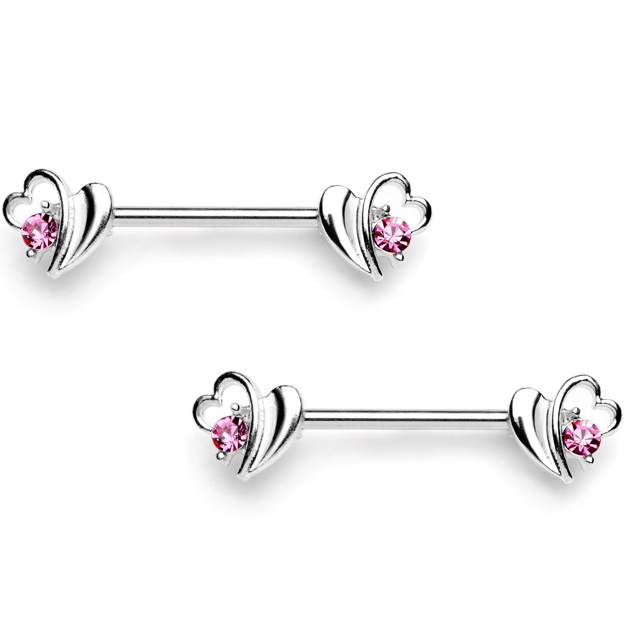 14 Gauge 9/16 Pink Gem Love Wave Barbell Nipple Ring Set