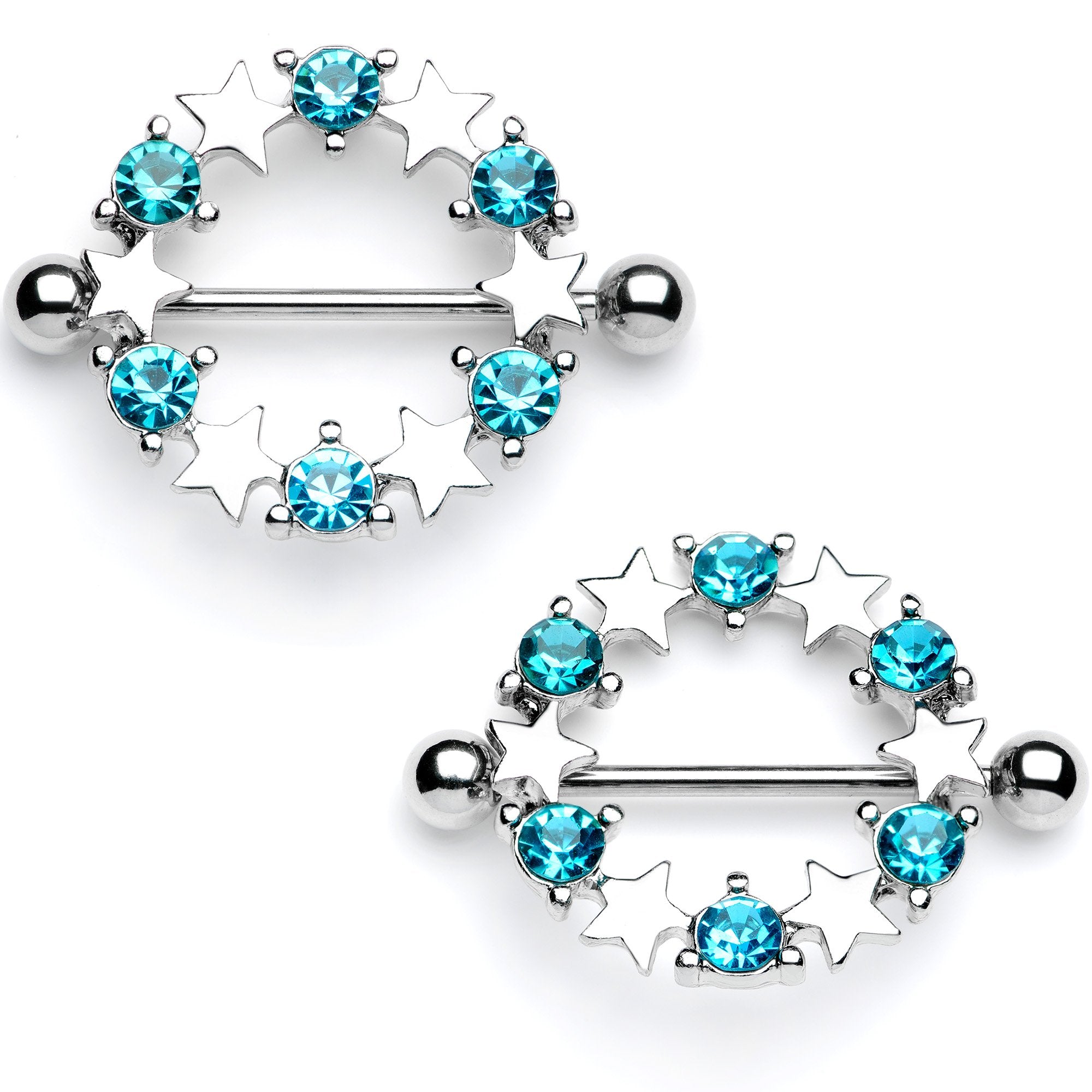 14 Gauge 7/8 Blue Gem Ring of Stars Nipple Shield Set