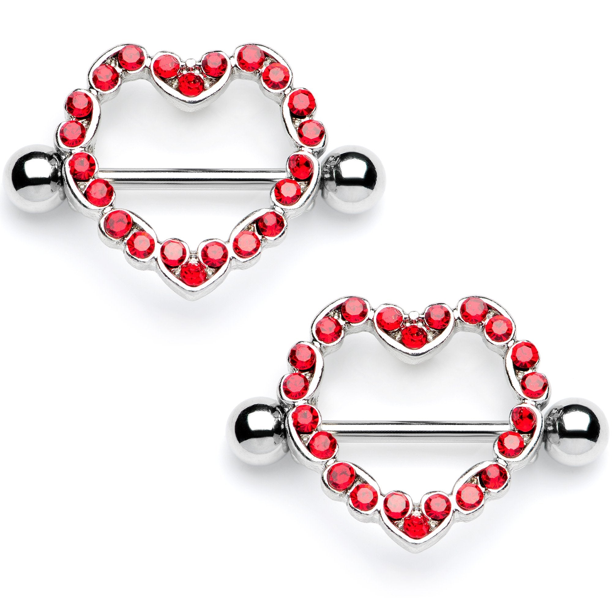 14 Gauge 7/16 Red Gem Red Hot Hearts Nipple Shield Set