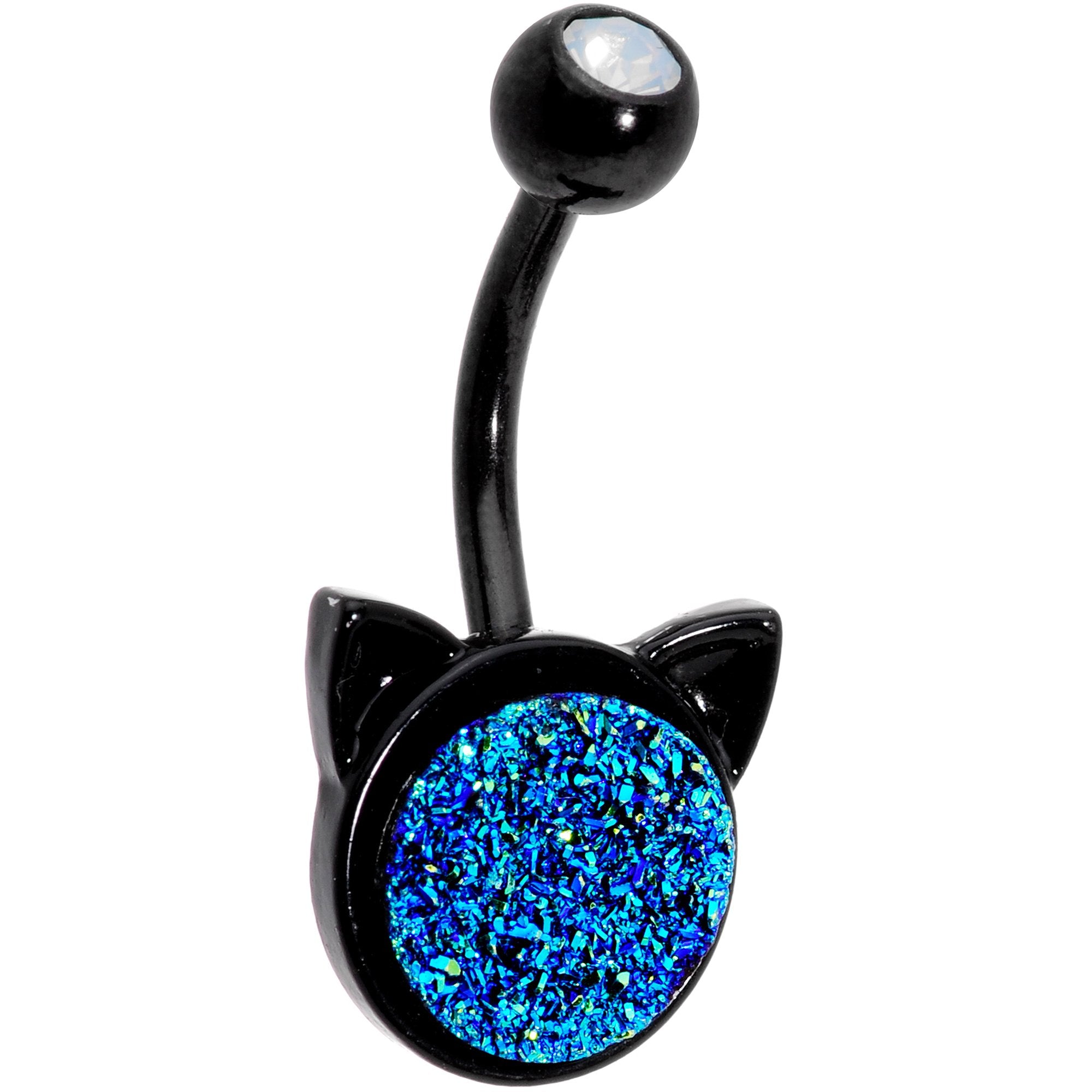 Clear Gem Blue Faux Druzy Quartz Black Here Pretty Kitty Cat Belly Ring