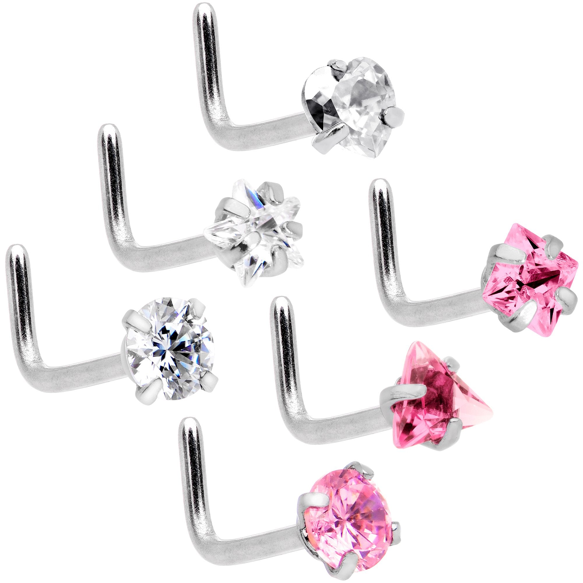 20 Gauge 5/16 Clear Pink Gem Variety L Shaped Nose Ring 6 Pack Set