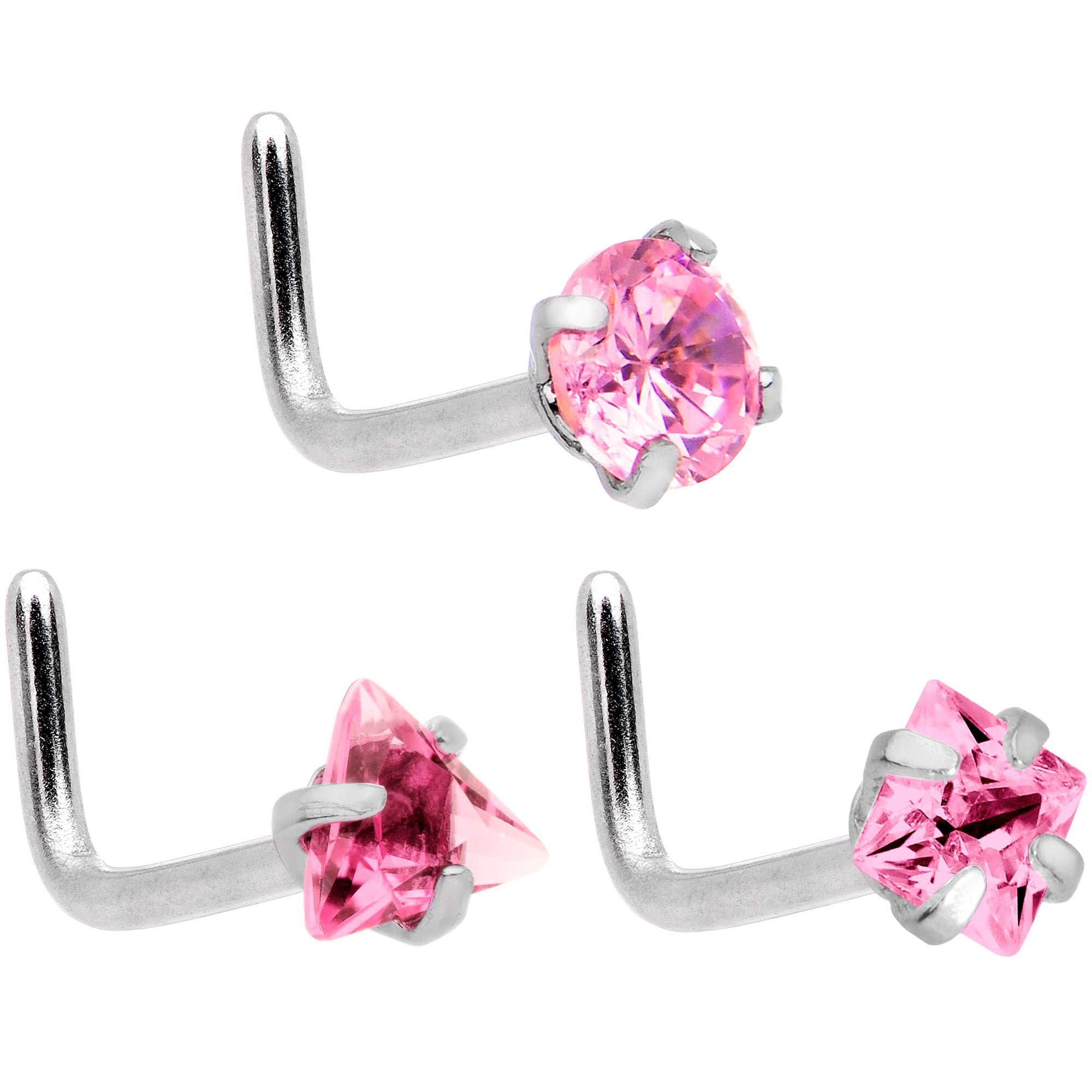 20 Gauge 5/16 Clear Pink Gem Variety L Shaped Nose Ring 6 Pack Set