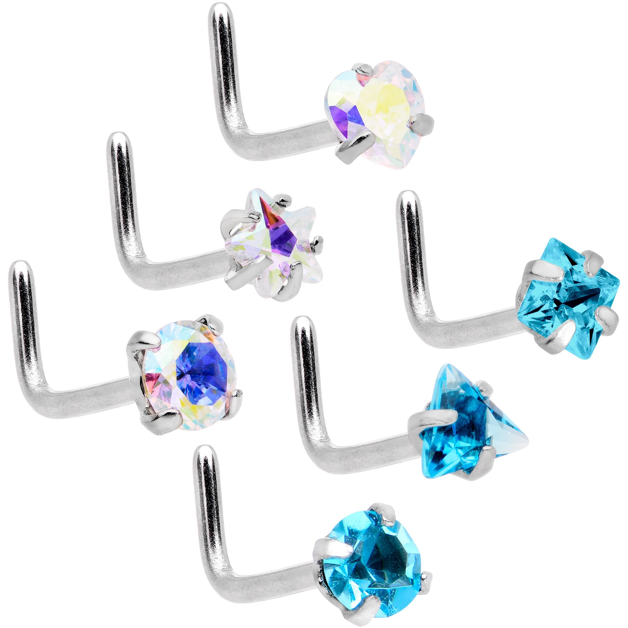 20 Gauge 5/16 Aurora Aqua Gem Variety L Shaped Nose Ring 6 Pack Set