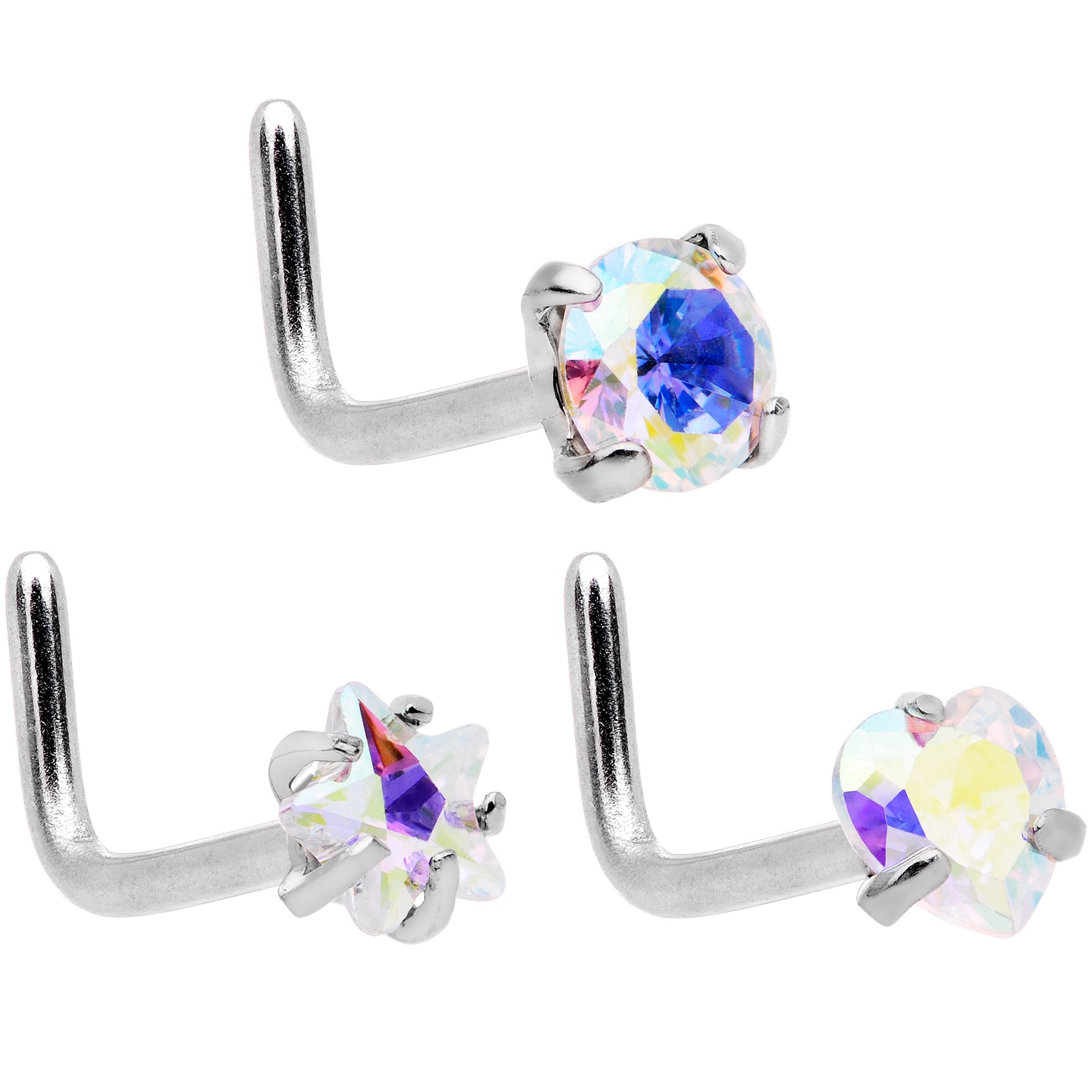 20 Gauge 5/16 Aurora Aqua Gem Variety L Shaped Nose Ring 6 Pack Set