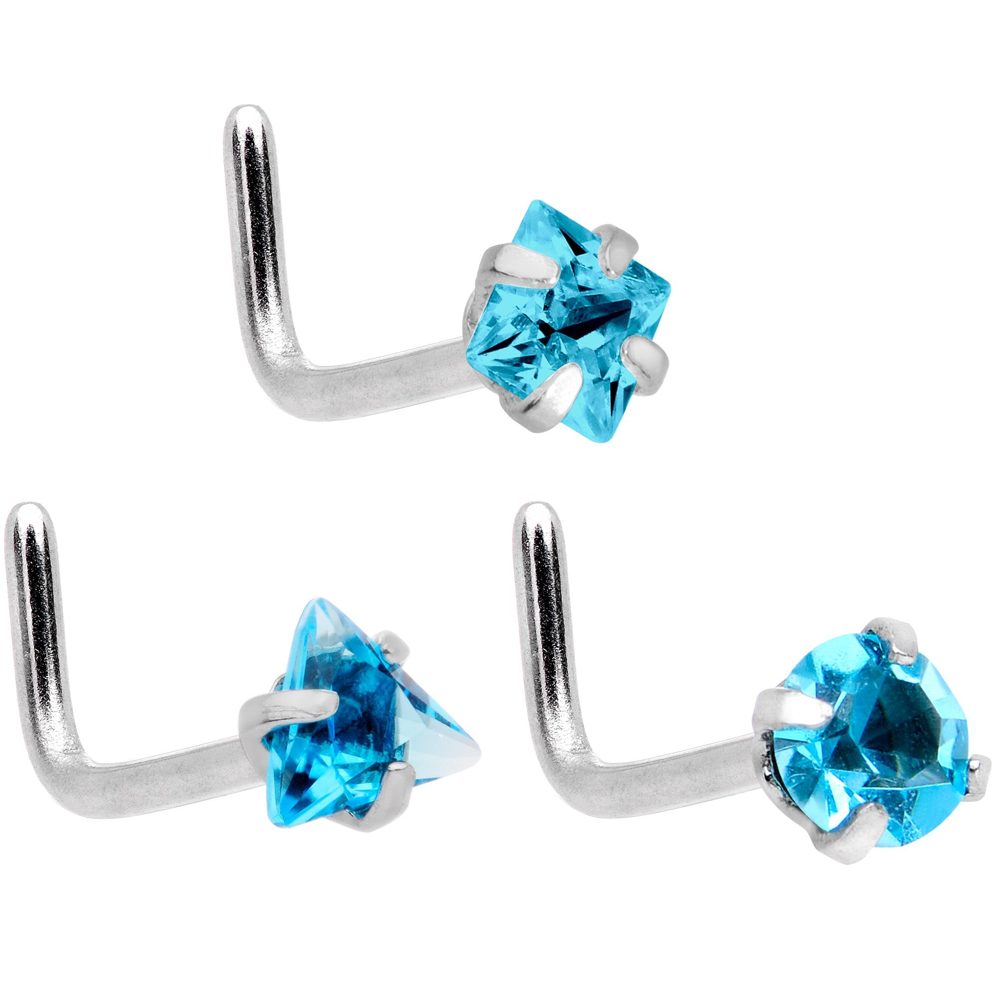 20 Gauge 5/16 Aurora Aqua Gem Variety L Shaped Nose Ring 6 Pack Set