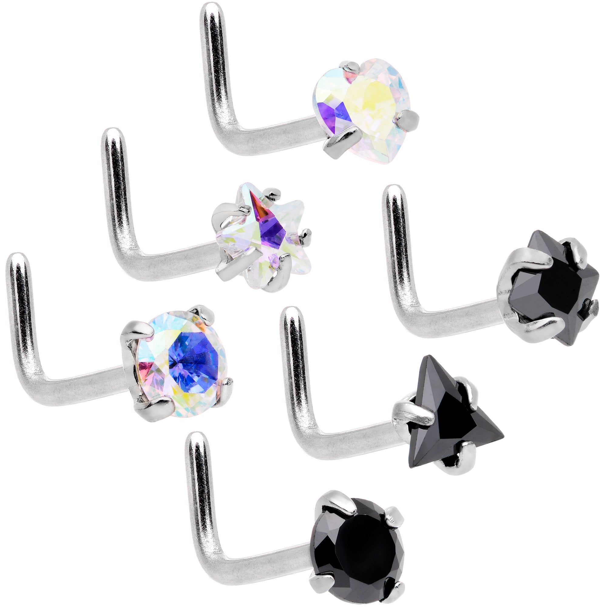 20 Gauge 5/16 Aurora Black Gem Variety L Shaped Nose Ring 6 Pack Set