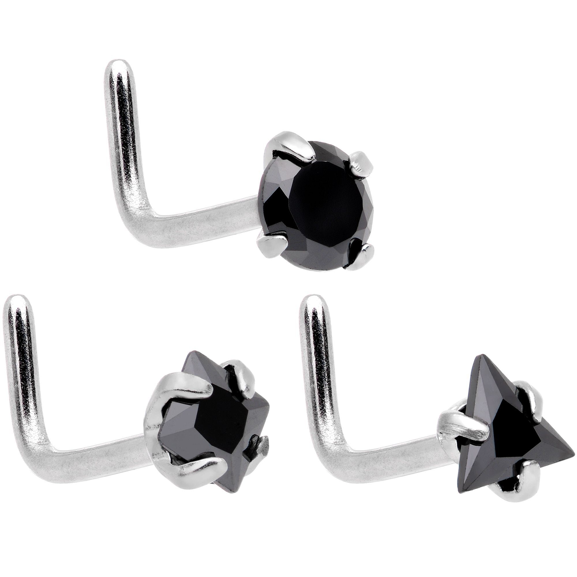 20 Gauge 5/16 Aurora Black Gem Variety L Shaped Nose Ring 6 Pack Set