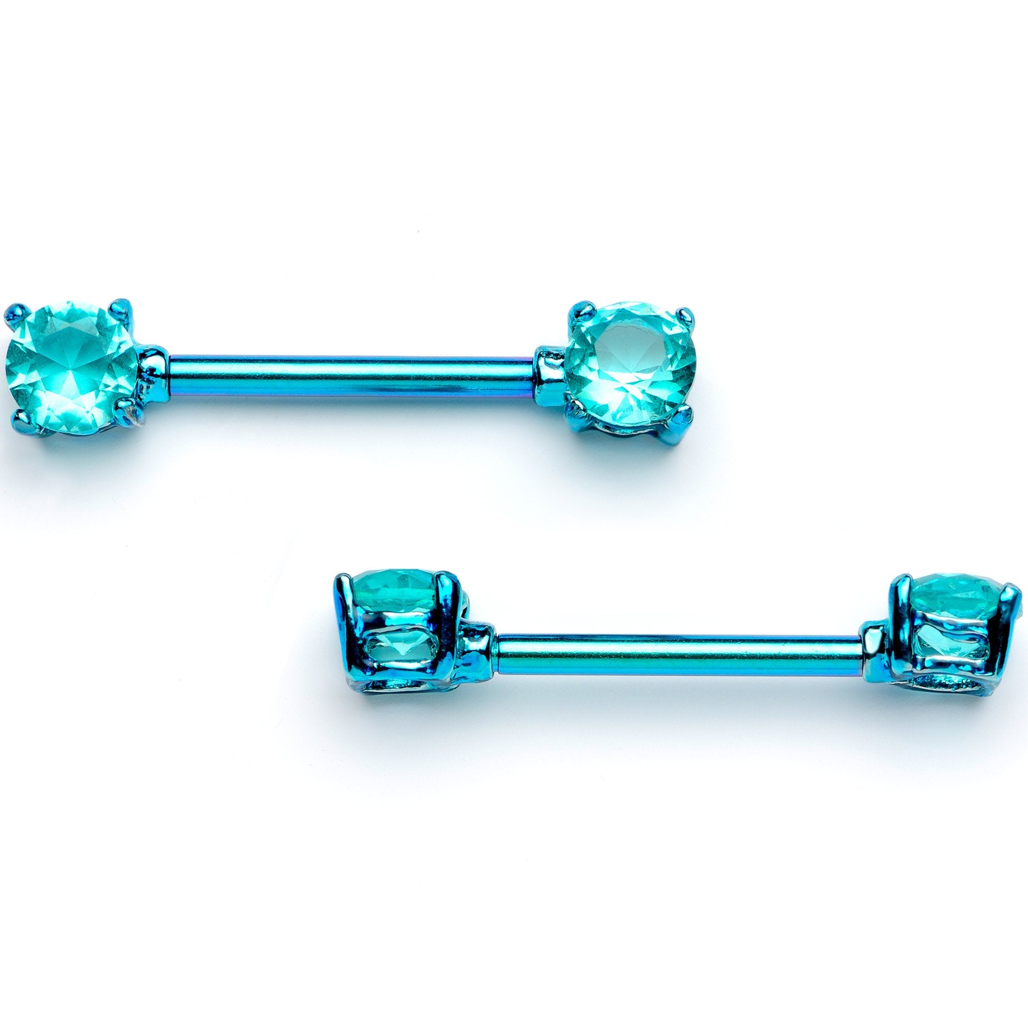 14 Gauge 9/16 Teal Gem Blue Anodized Barbell Nipple Ring Set