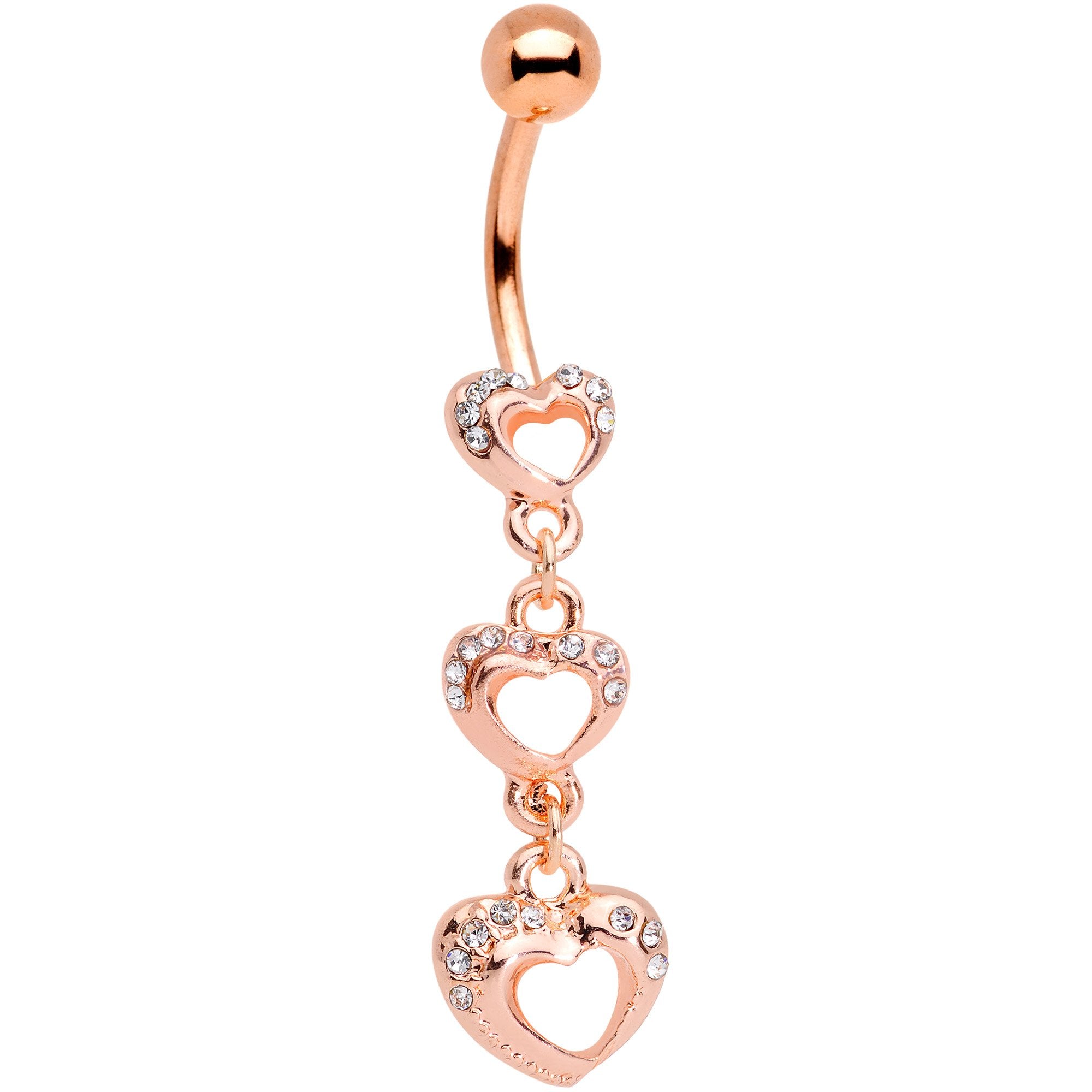 Clear Gem Rose Gold Tone Hanging Hearts Dangle Belly Ring