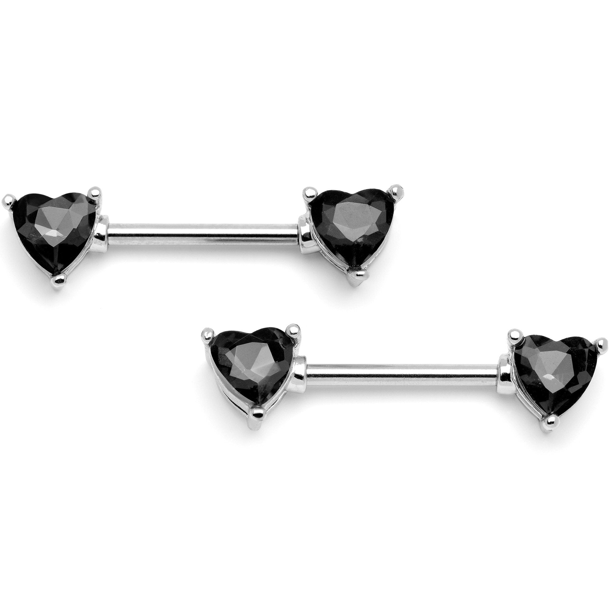 14 Gauge 9/16 Black Gem Hearts of Love Barbell Nipple Ring Set