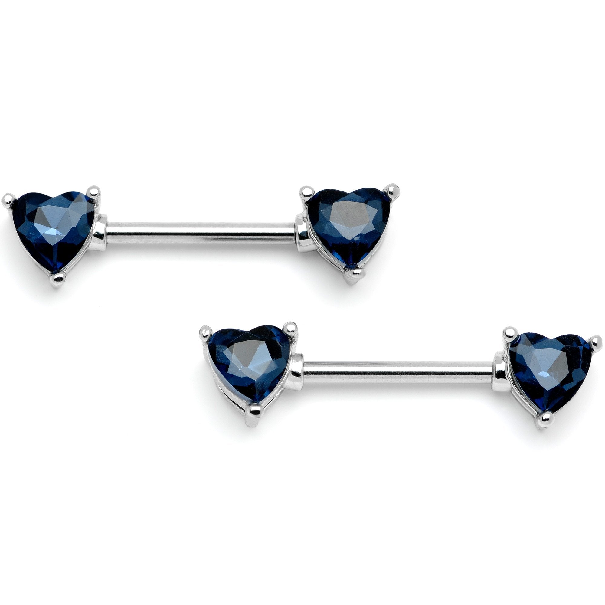 14 Gauge 9/16 Blue Gem Hearts Of Love Barbell Nipple Ring Set