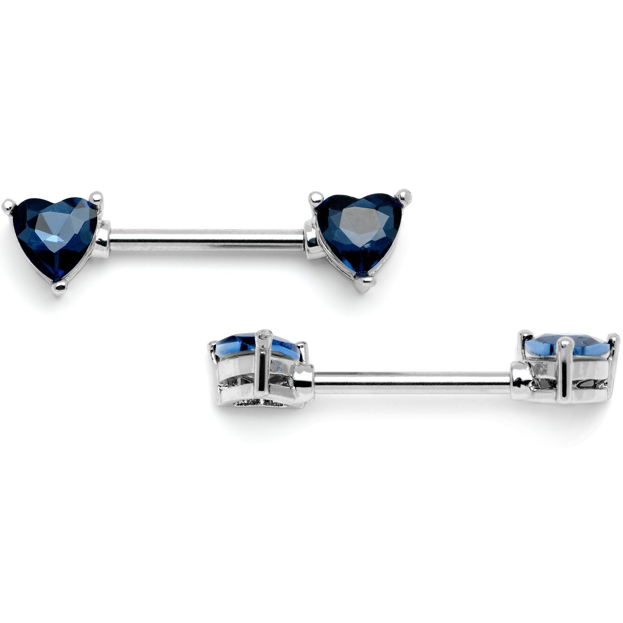 14 Gauge 9/16 Blue Gem Hearts Of Love Barbell Nipple Ring Set