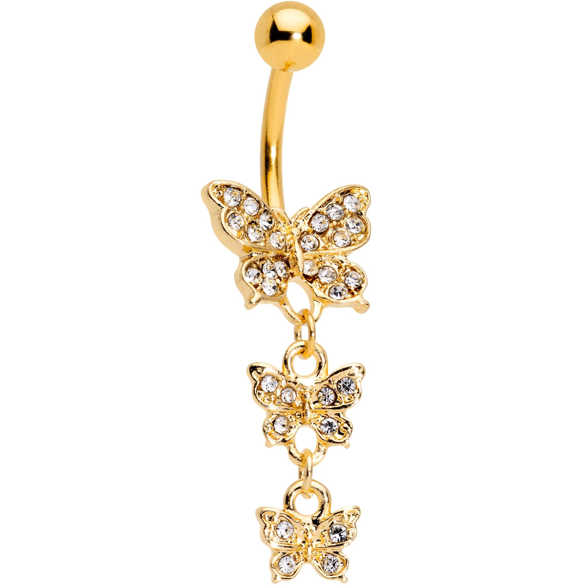 Clear Gem Gold Tone Flight Of Butterflies Dangle Belly Ring