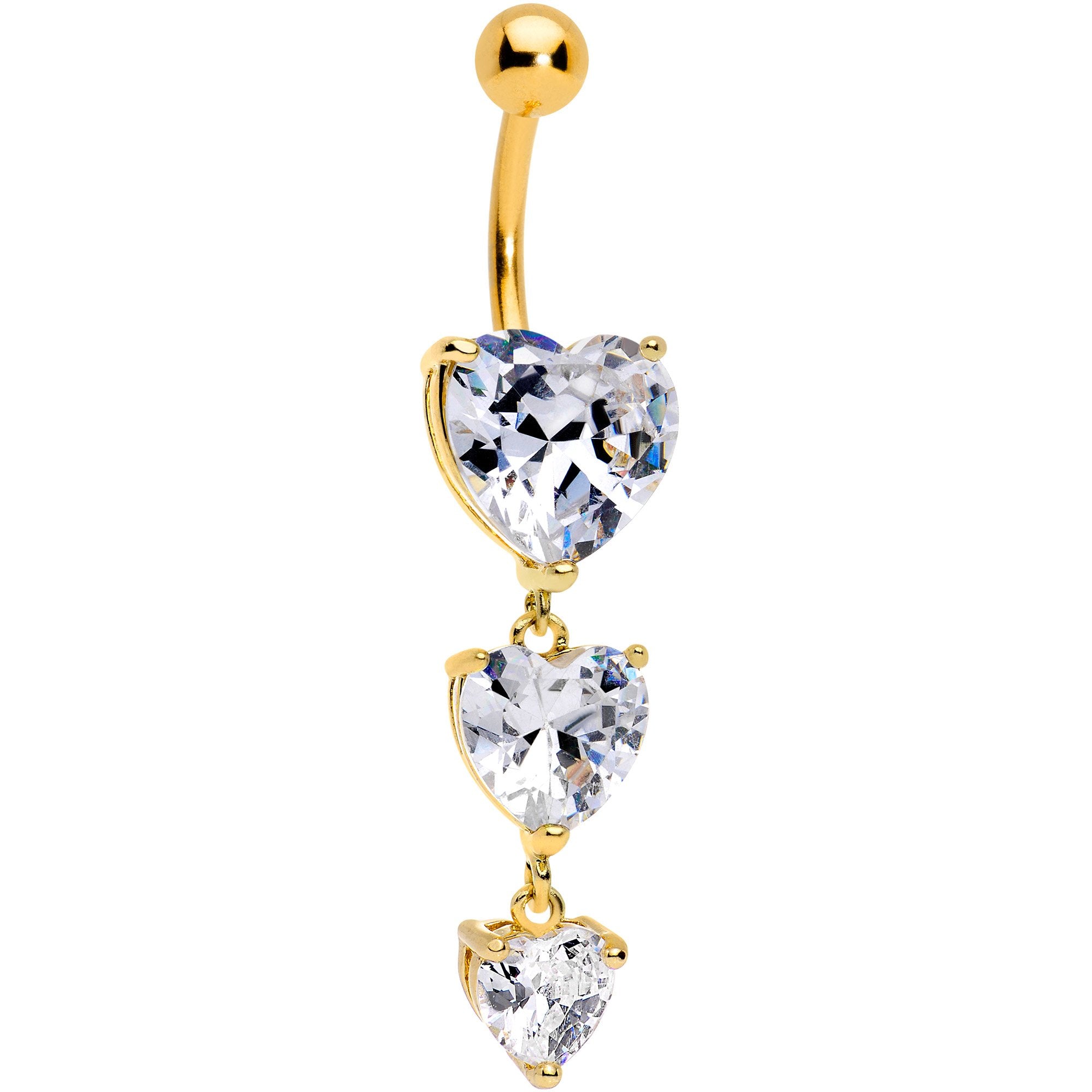 Clear Heart CZ Gem Gold Tone Triplet Heart Dangle Belly Ring