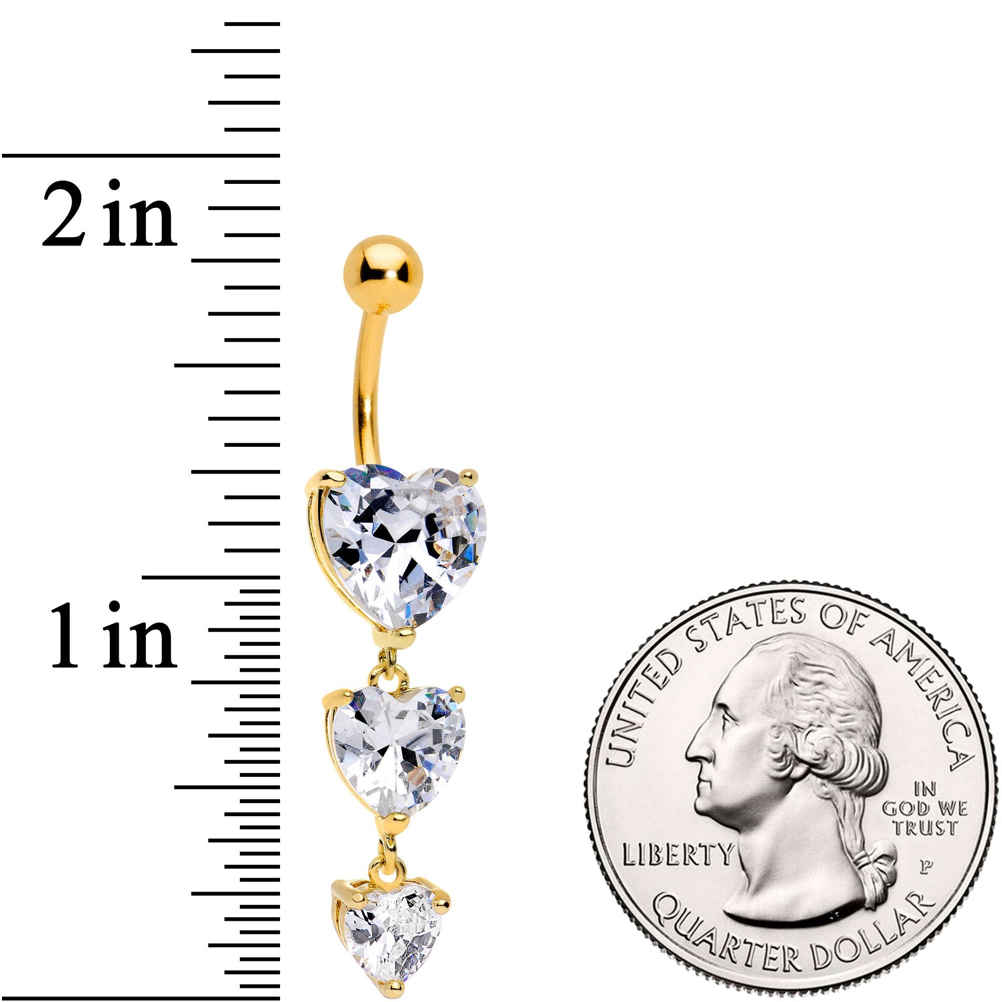 Clear Heart CZ Gem Gold Tone Triplet Heart Dangle Belly Ring