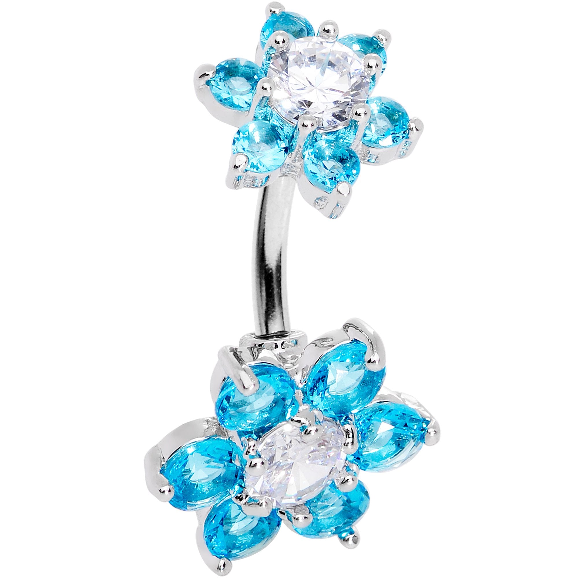 Aqua Clear CZ Gem Double Flower Delight Double Mount Belly Ring