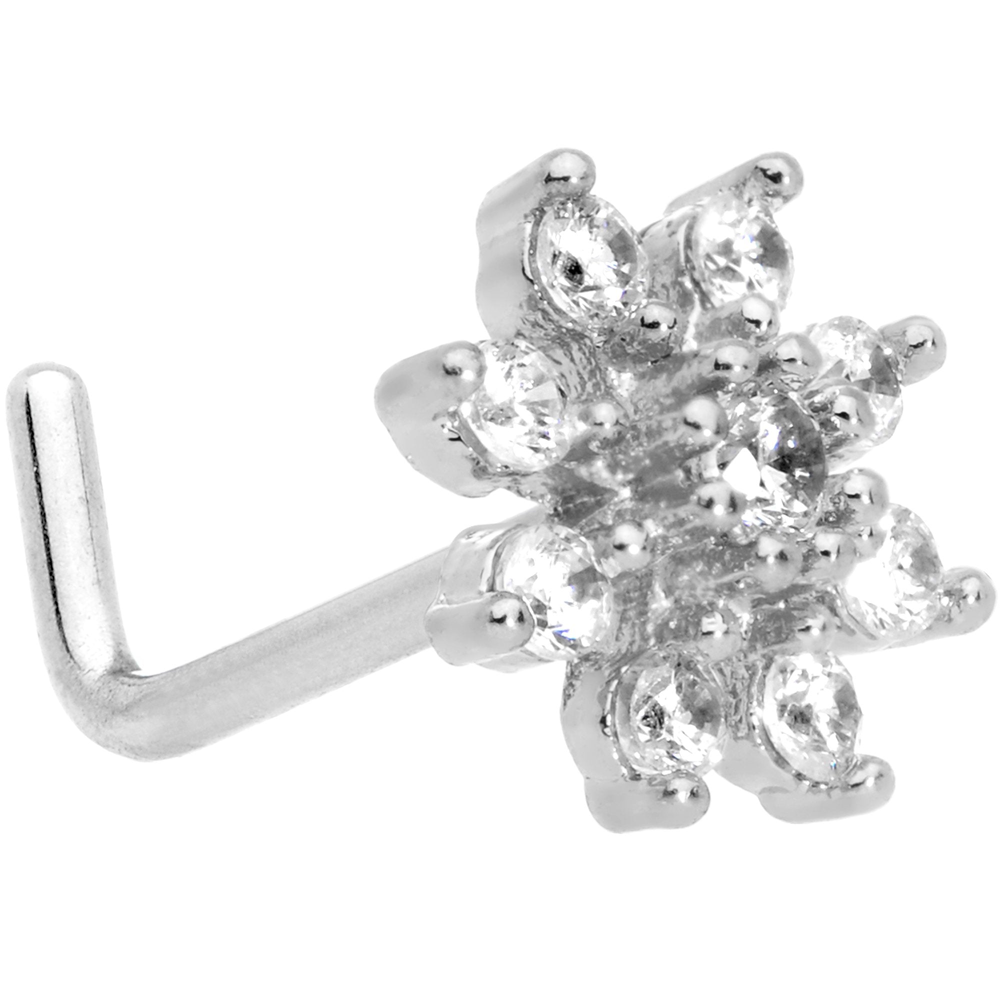 20 Gauge 1/4 Clear CZ Gem Flower L Shaped Nose Ring