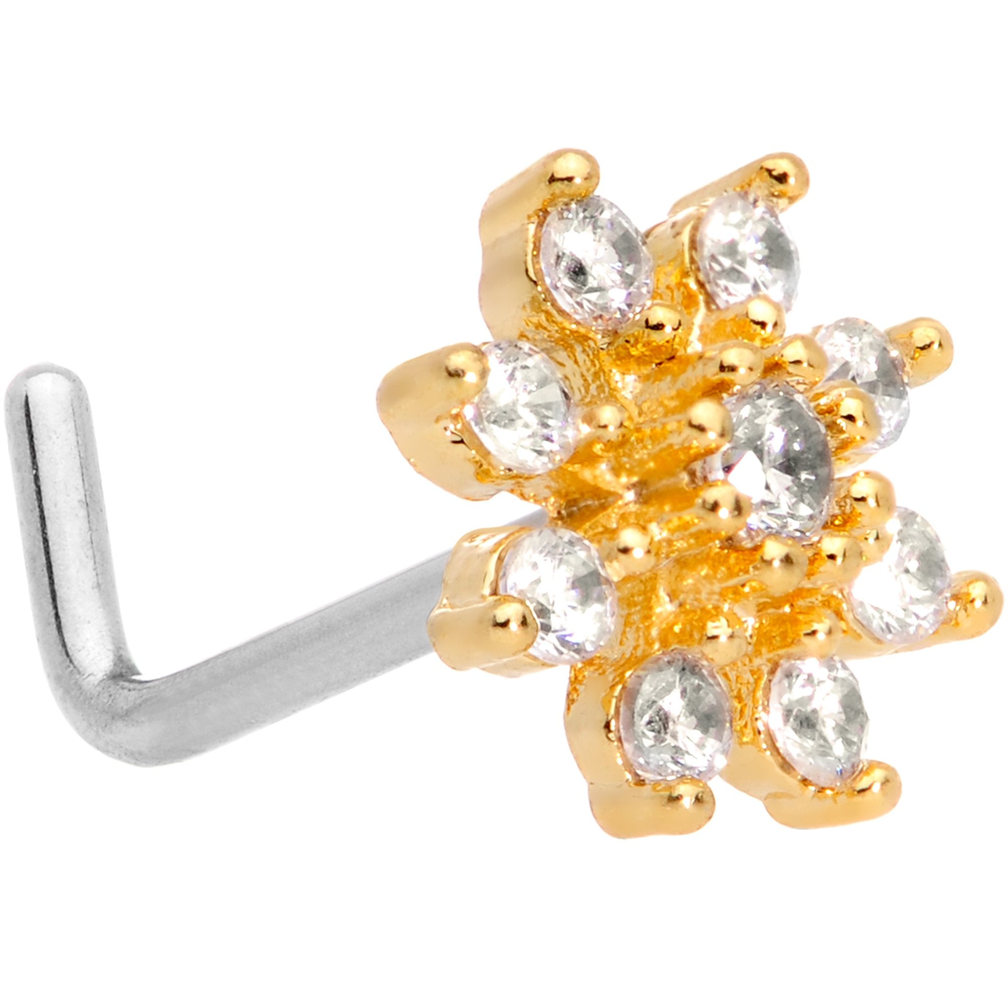 20 Gauge 1/4 Clear CZ Gem Gold Tone Flower L Shaped Nose Ring