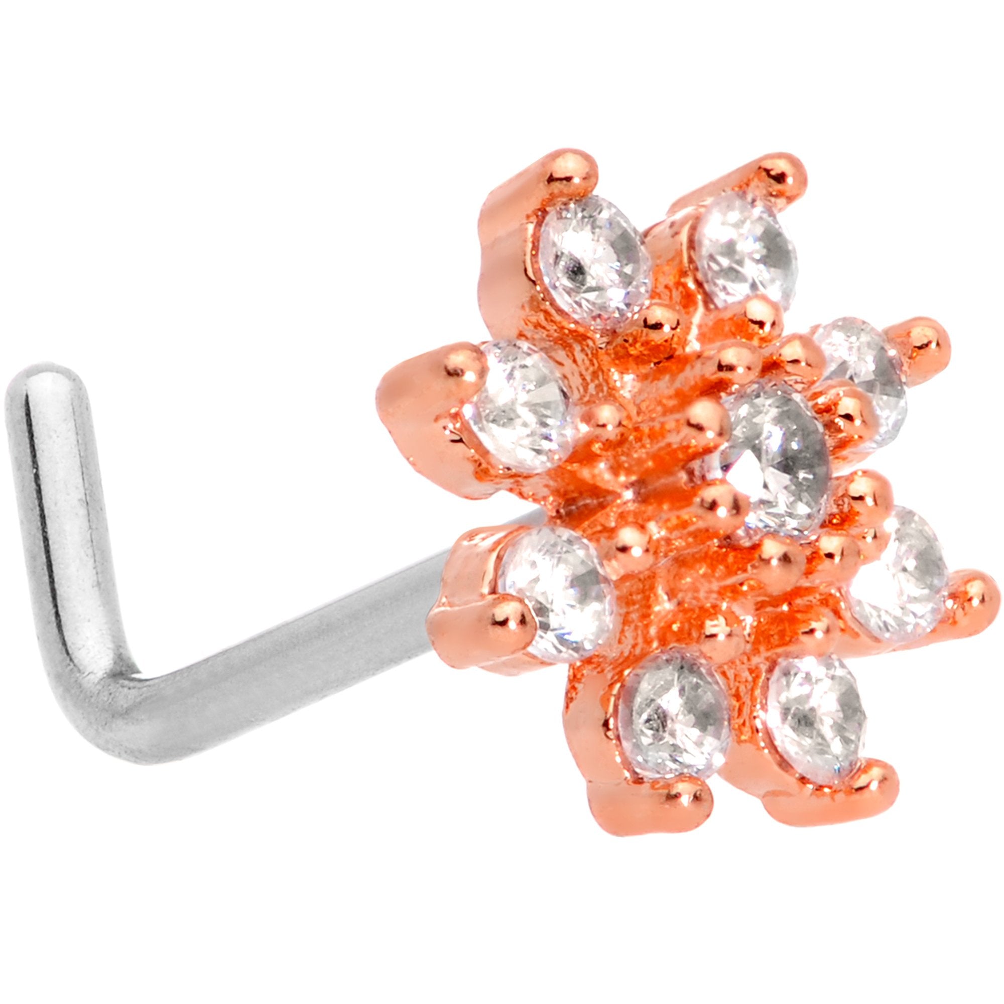 20 Gauge 1/4 Clear CZ Gem Rose Gold Tone Flower L Shaped Nose Ring