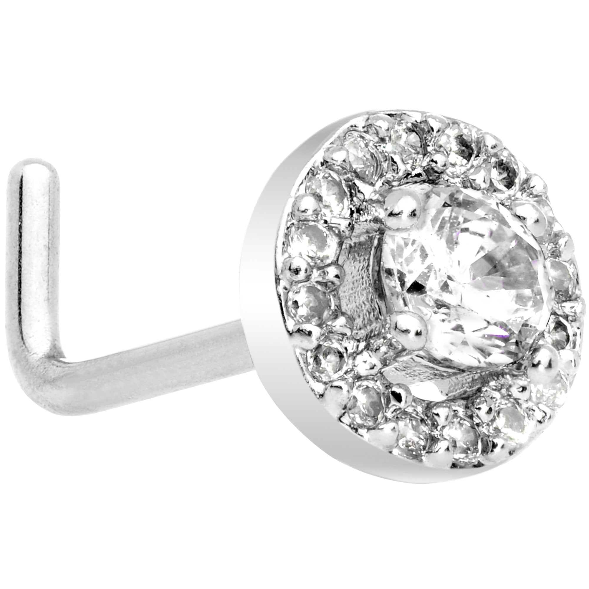 20 Gauge 1/4 Clear CZ Gem Round Double Tier L Shaped Nose Ring