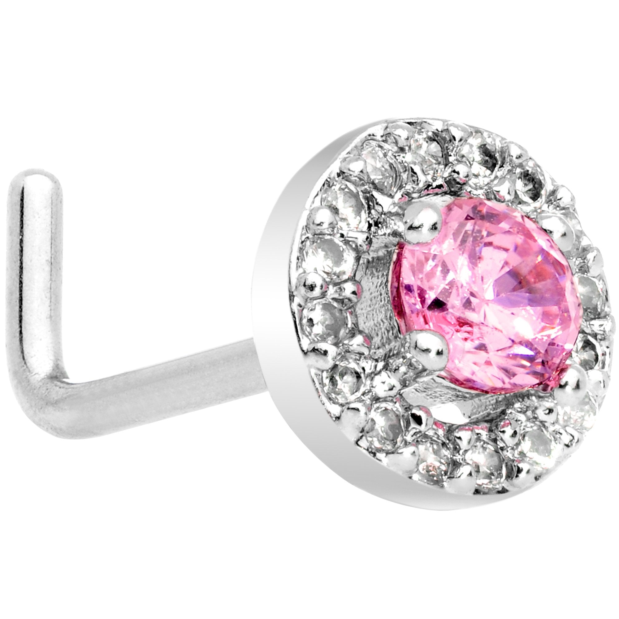 20 Gauge 1/4 Clear Pink CZ Gem Round Double Tier L Shaped Nose Ring