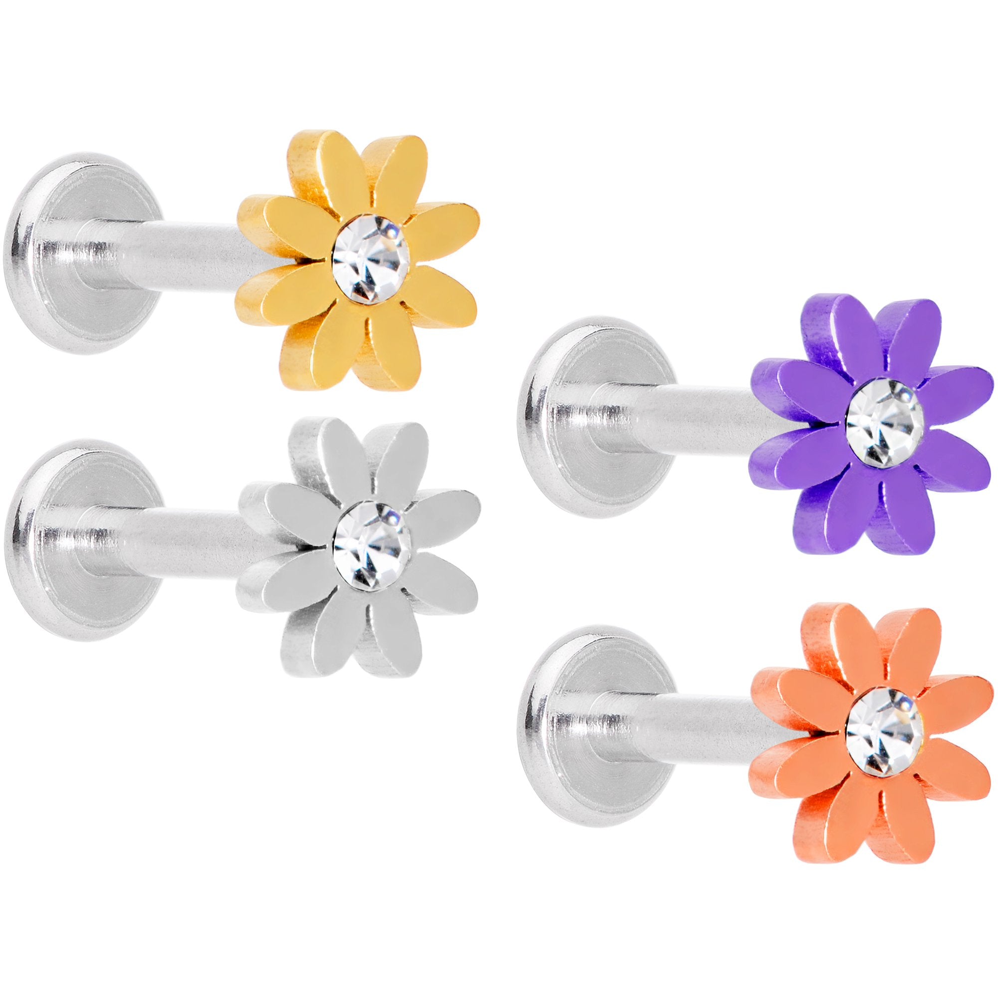 Clear Gem Multicolor Internally Threaded Flower Labret Set of 4