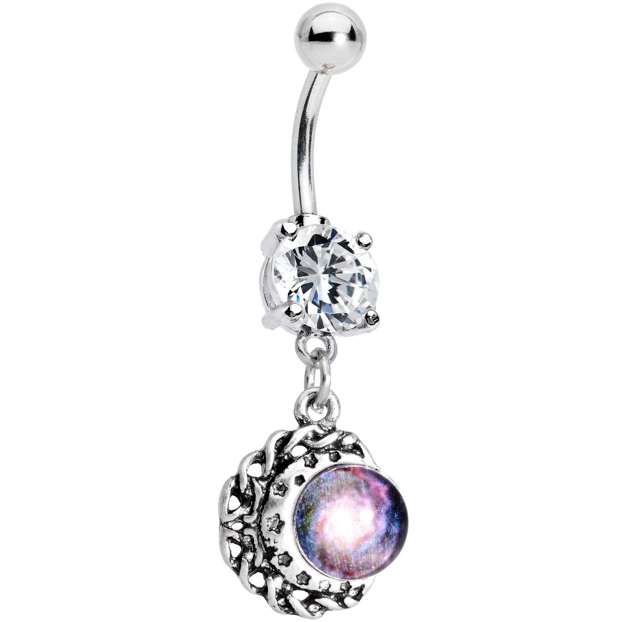 Clear CZ Gem Galaxy Crescent Moon Dangle Belly Ring