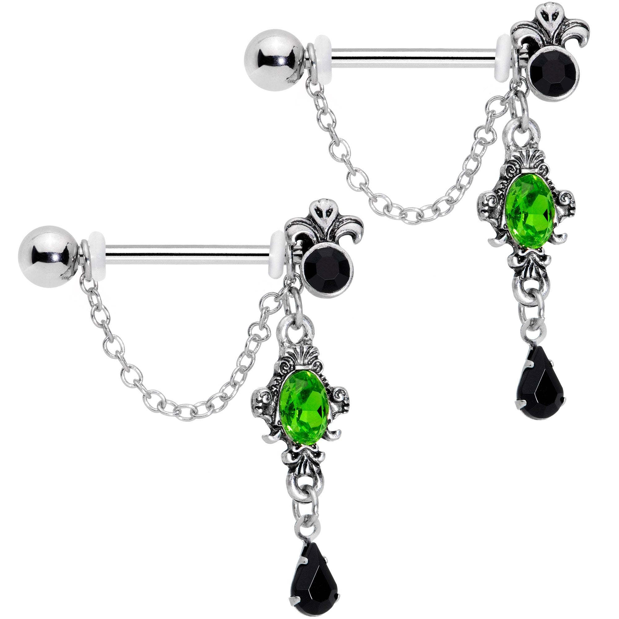 9/16 Green Black Gem Evil Queen Dangle Barbell Nipple Ring Set