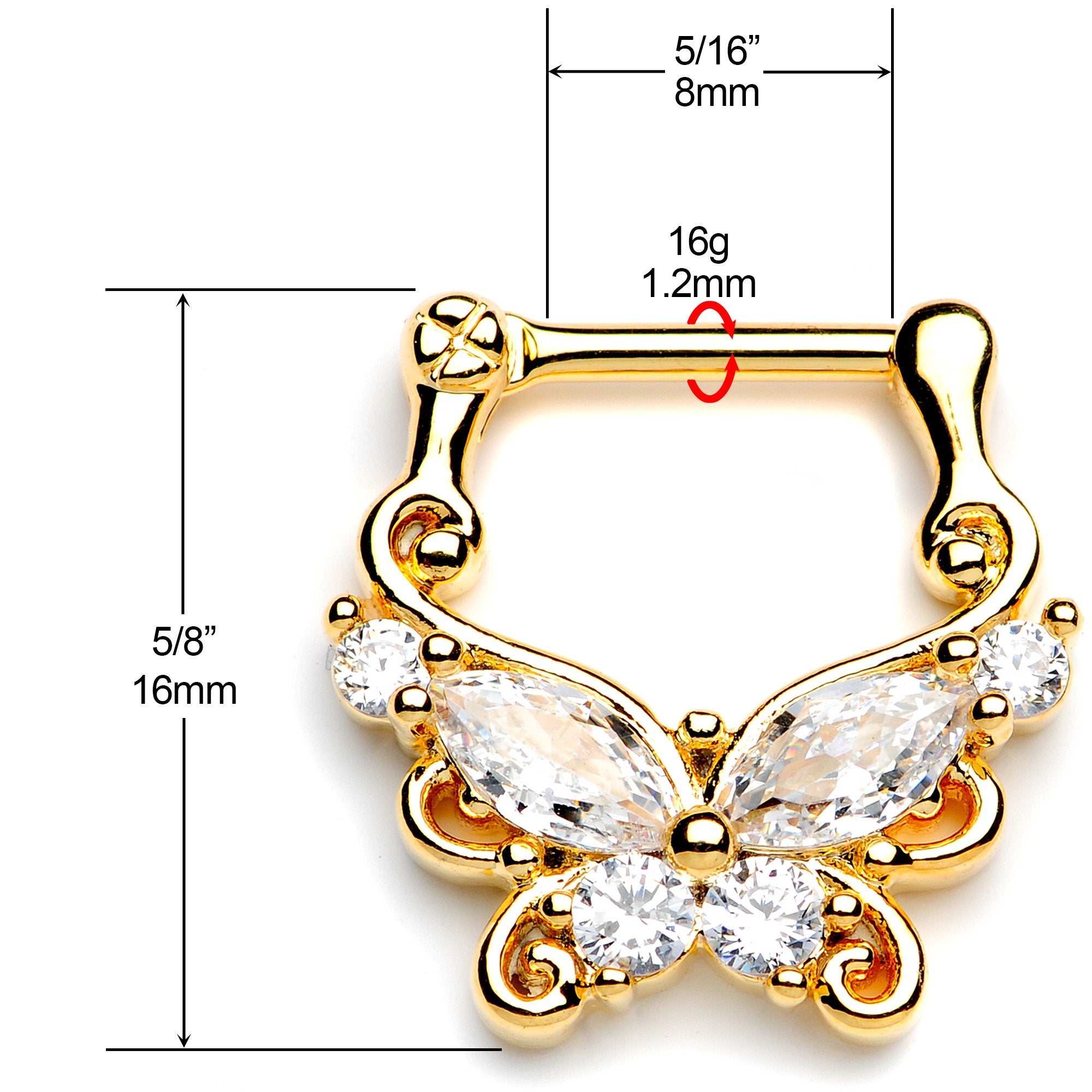 16 Gauge 5/16 Clear CZ Gem Gold Tone Butterfly Cartilage Clicker