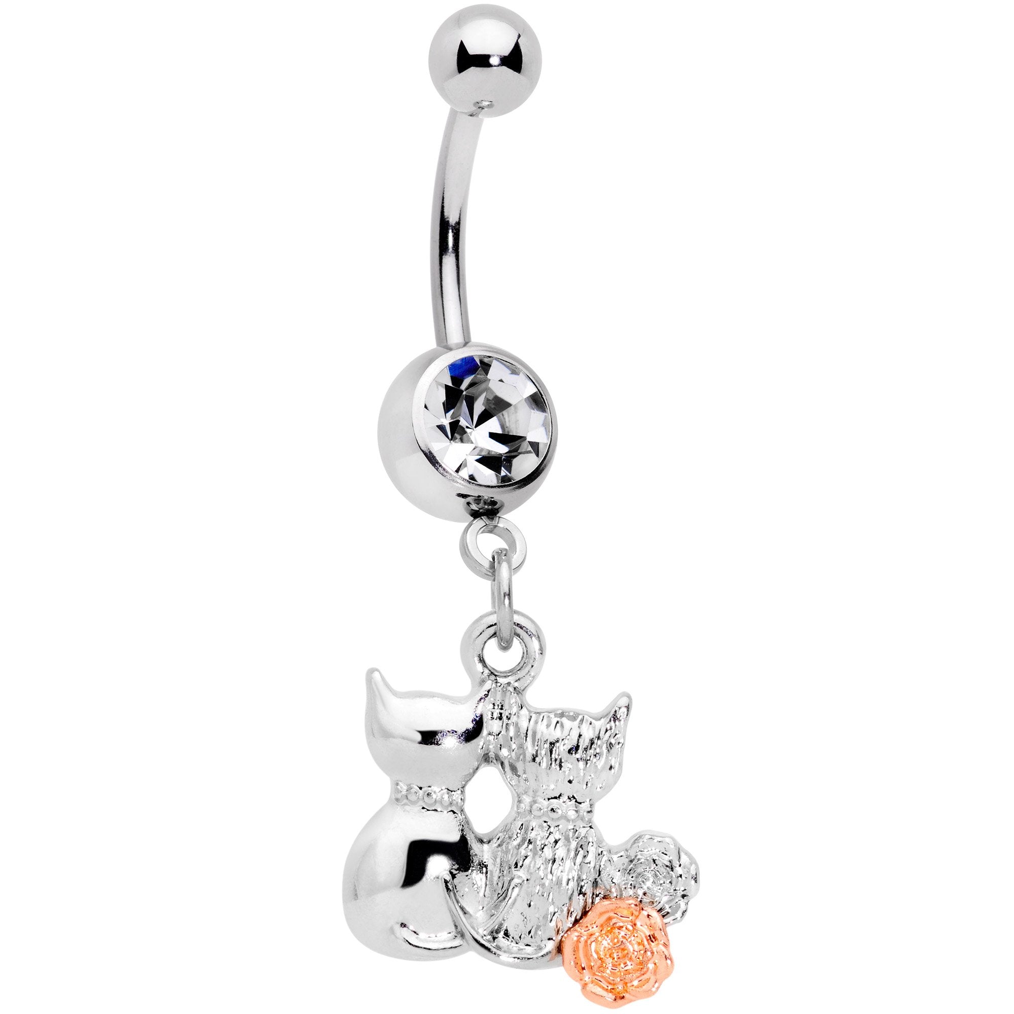 Clear Gem With Color Yarn Cuddling Kittens Dangle Belly Ring