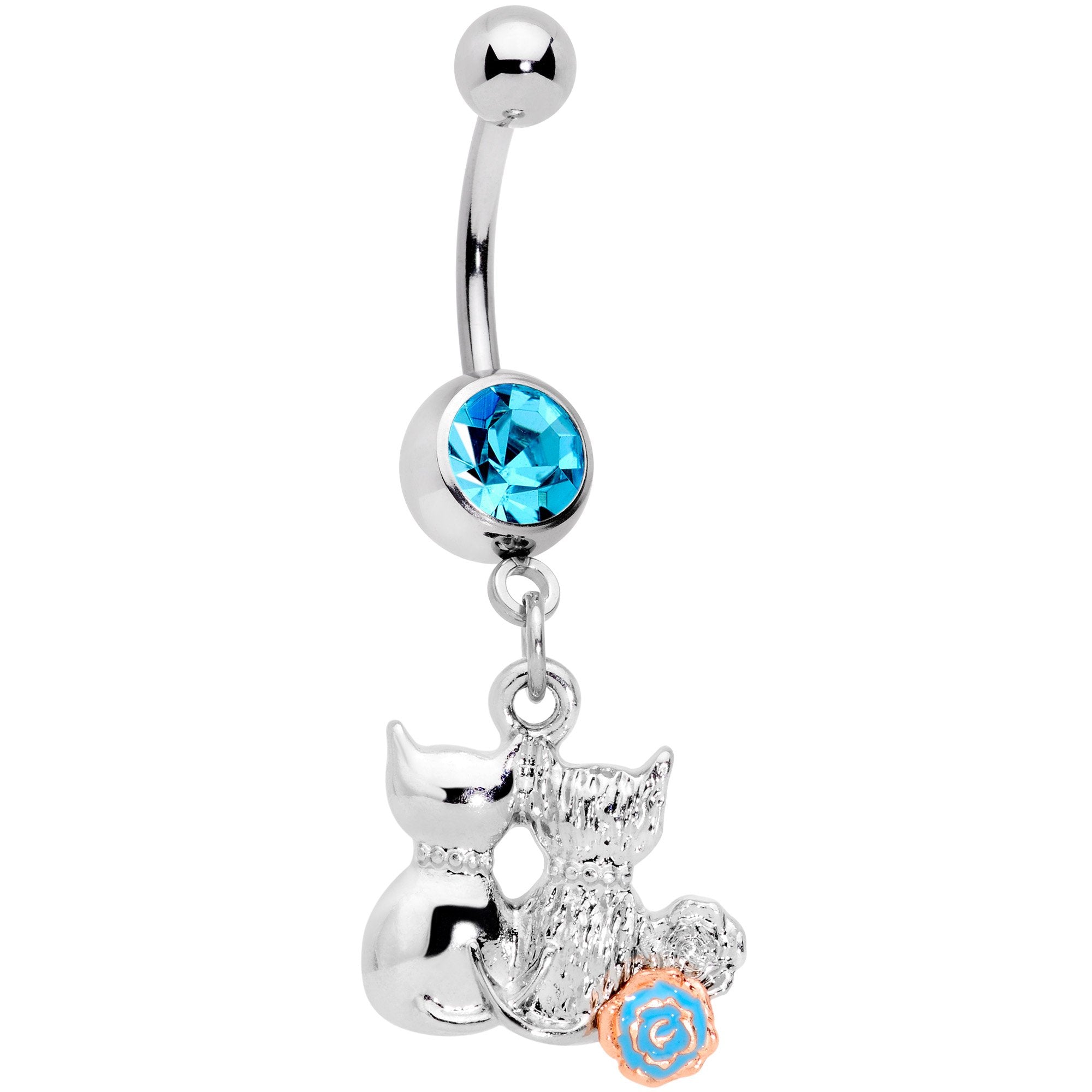 Aqua Gem Color Yarn Cuddling Kittens Dangle Belly Ring