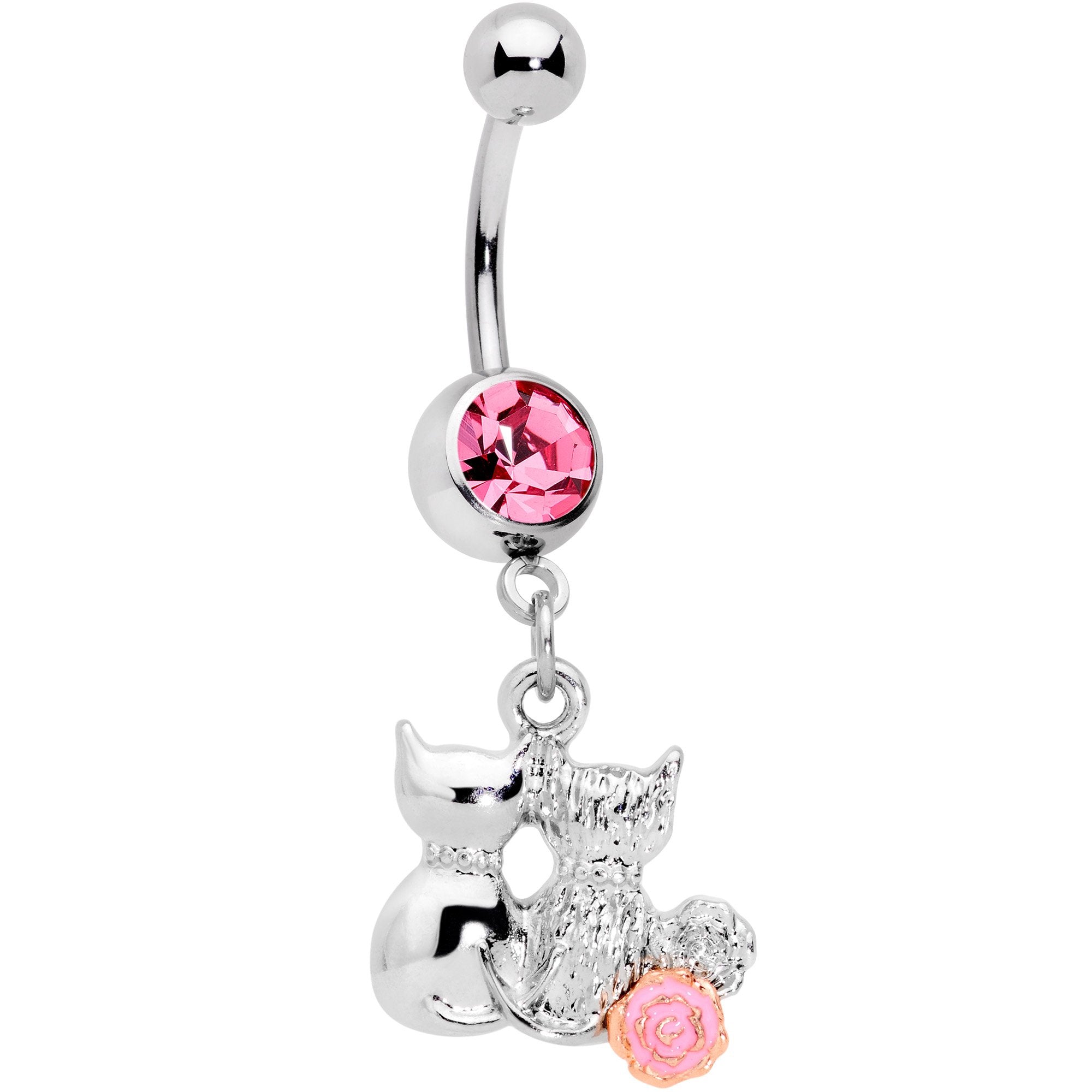 Pink Gem Color Yarn Cuddling Kittens Dangle Belly Ring