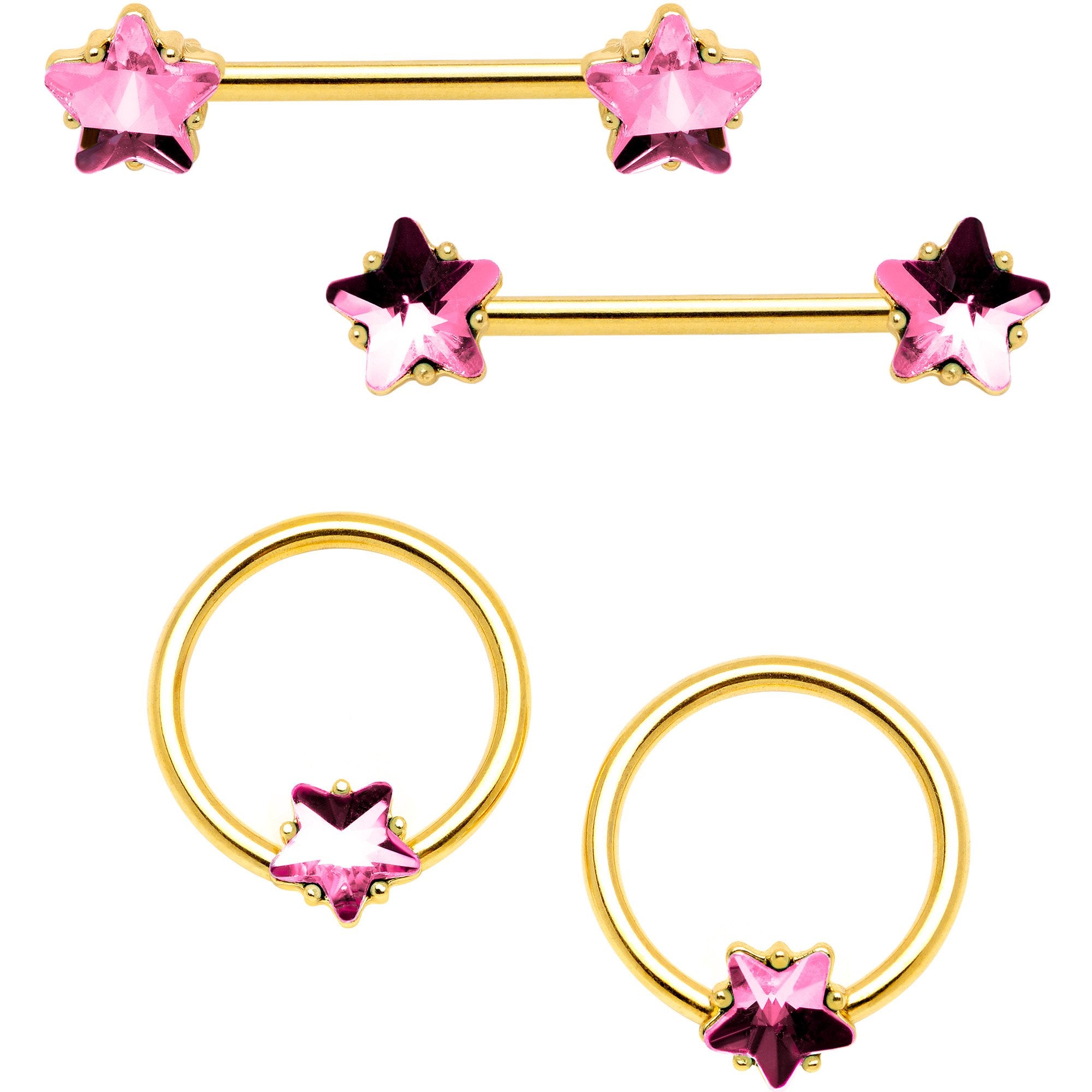 14 Gauge Pink Gem Star Gold Tone Captive Barbell Nipple Ring Set