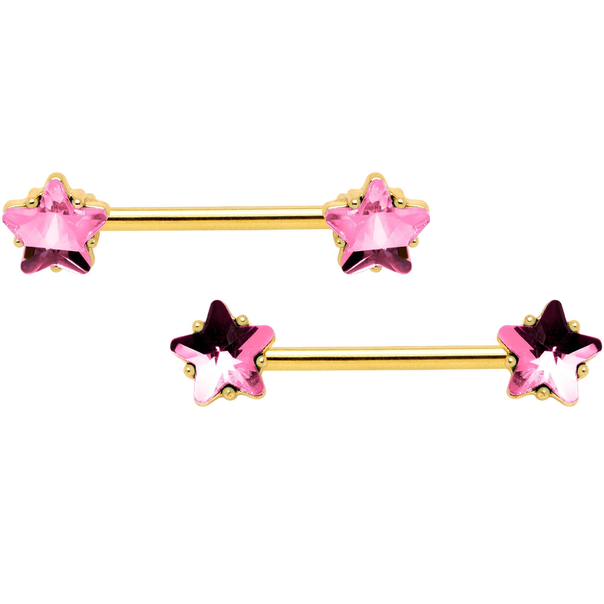 14 Gauge Pink Gem Star Gold Tone Captive Barbell Nipple Ring Set