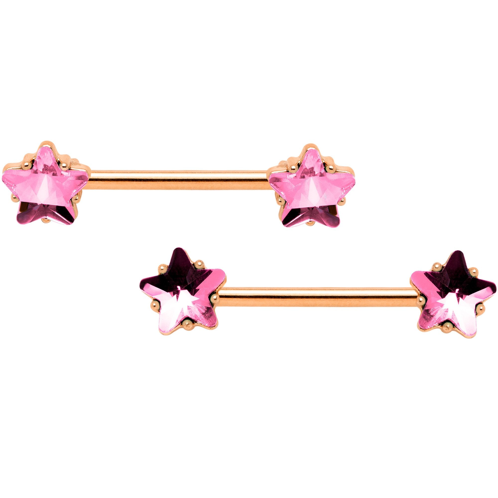 14 Gauge Pink Gem Star Rose Gold Tone Captive Barbell Nipple Ring Set