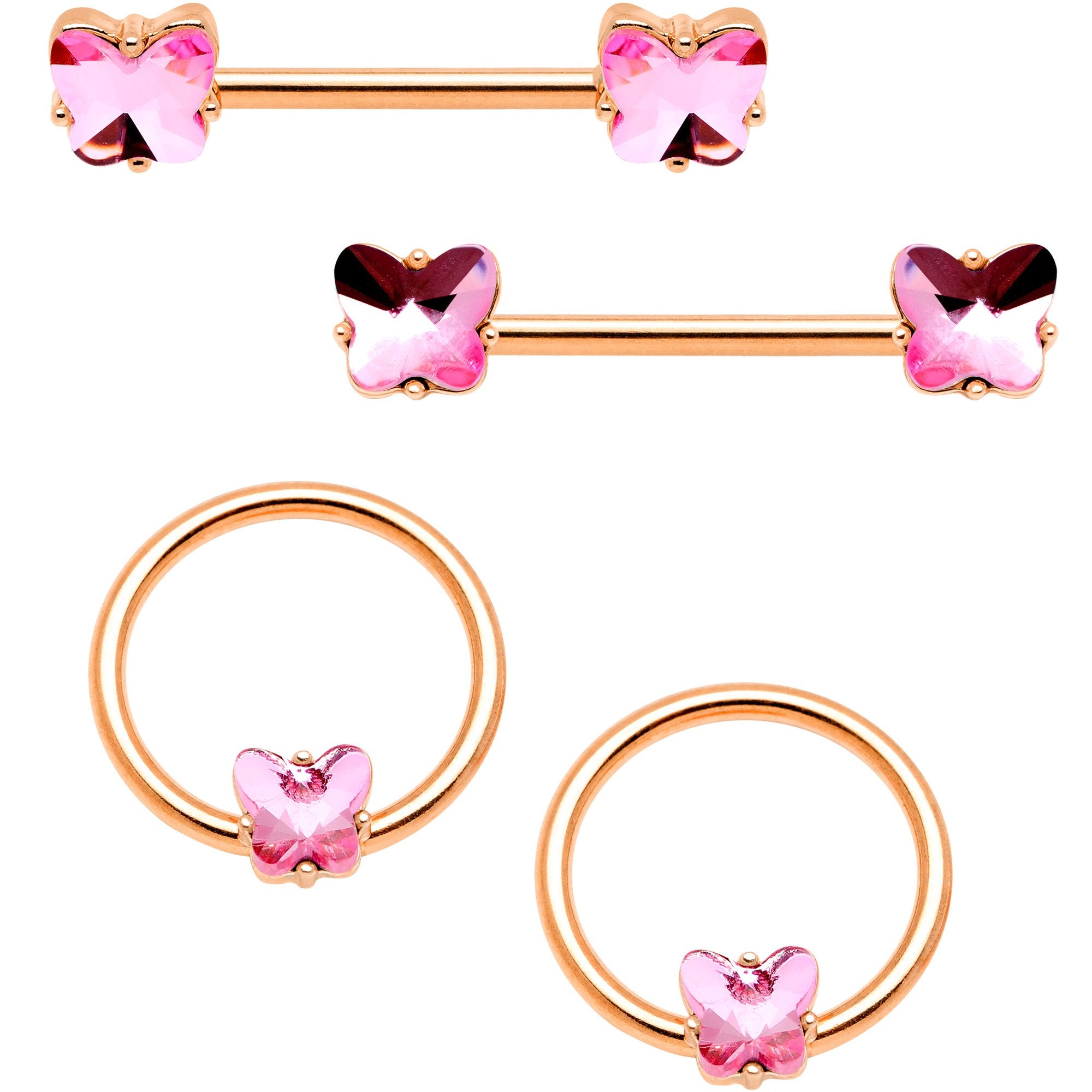 14 Gauge Pink Gem Butterfly Rose Gold Hue BCR Barbell Nipple Ring Set