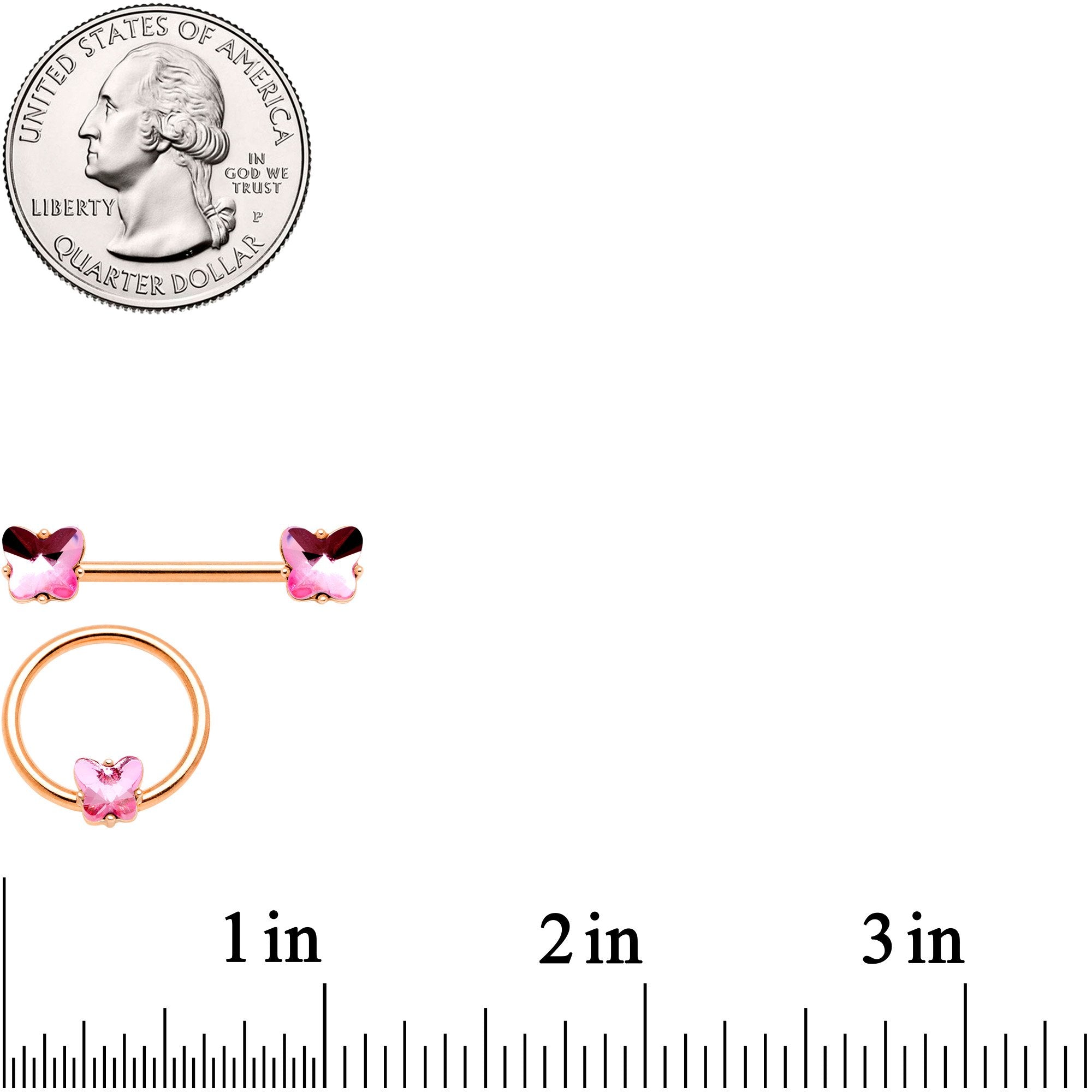 14 Gauge Pink Gem Butterfly Rose Gold Hue BCR Barbell Nipple Ring Set