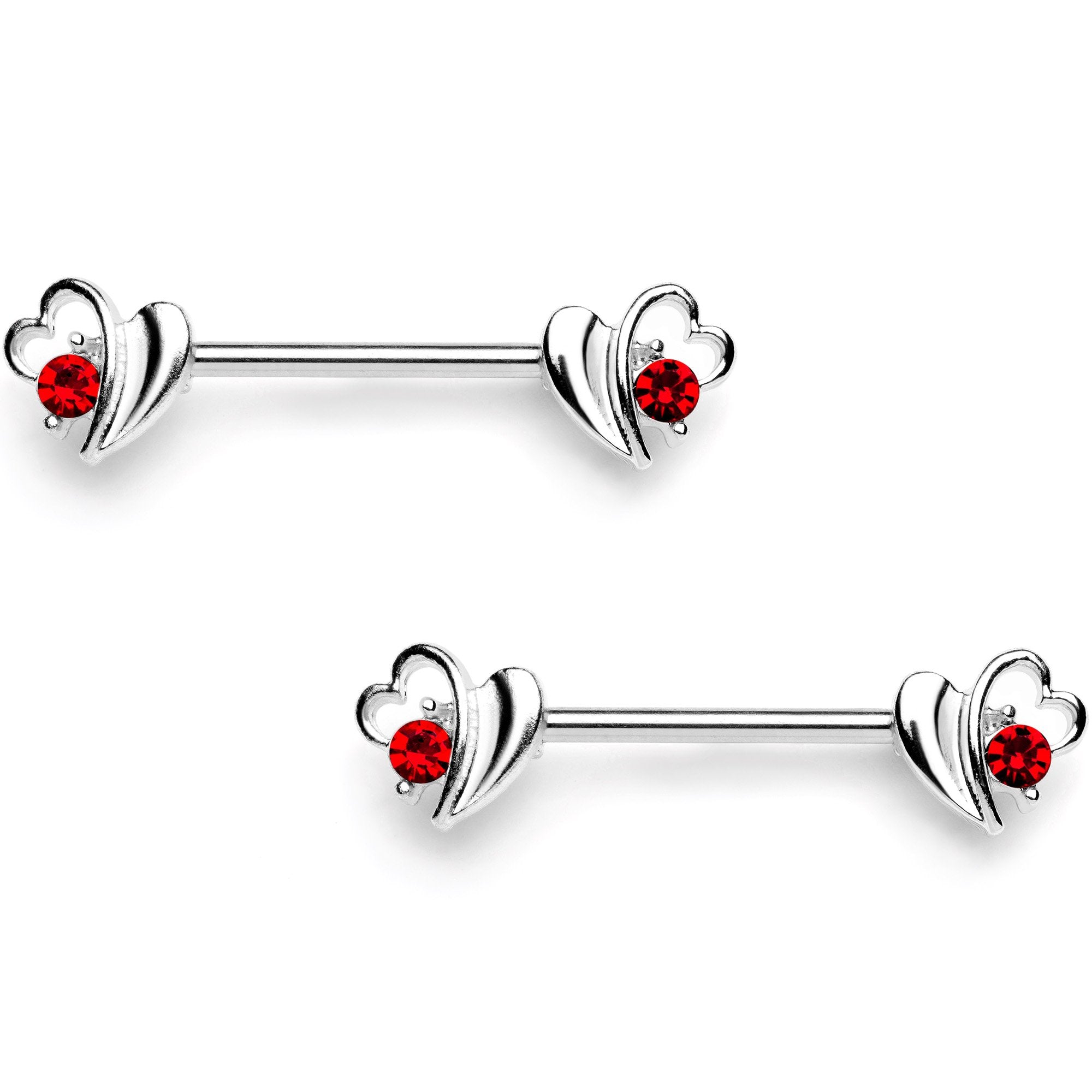 14 Gauge 9/16 Red Gem Love Wave Barbell Nipple Ring Set