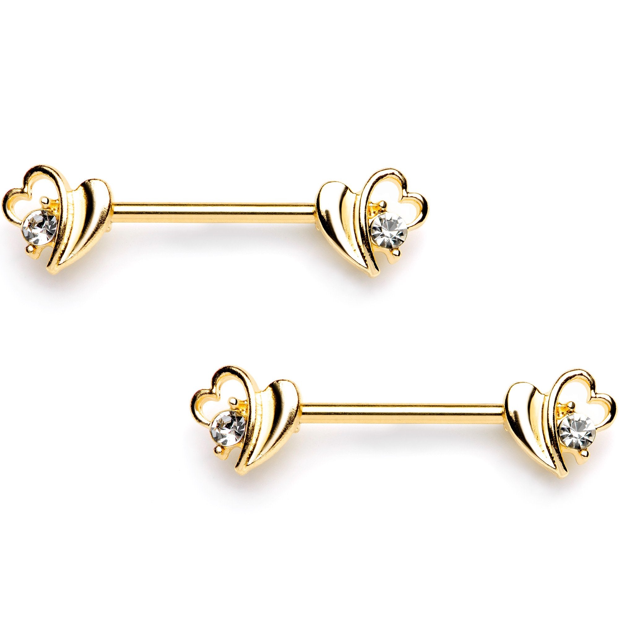 14 Gauge 9/16 Clear Gem Gold Tone Love Wave Barbell Nipple Ring Set