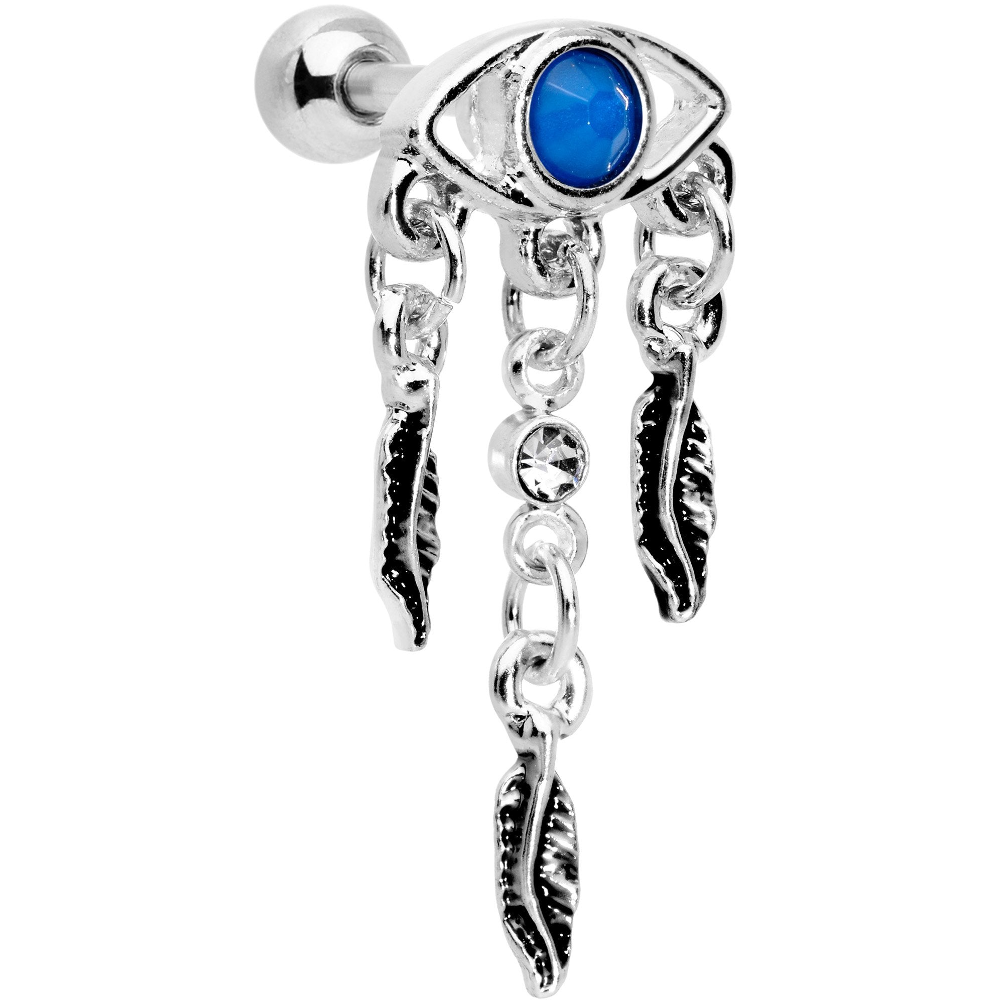 16 Gauge 1/4 Blue Gem Eye Feather Dangle Cartilage Tragus Earring