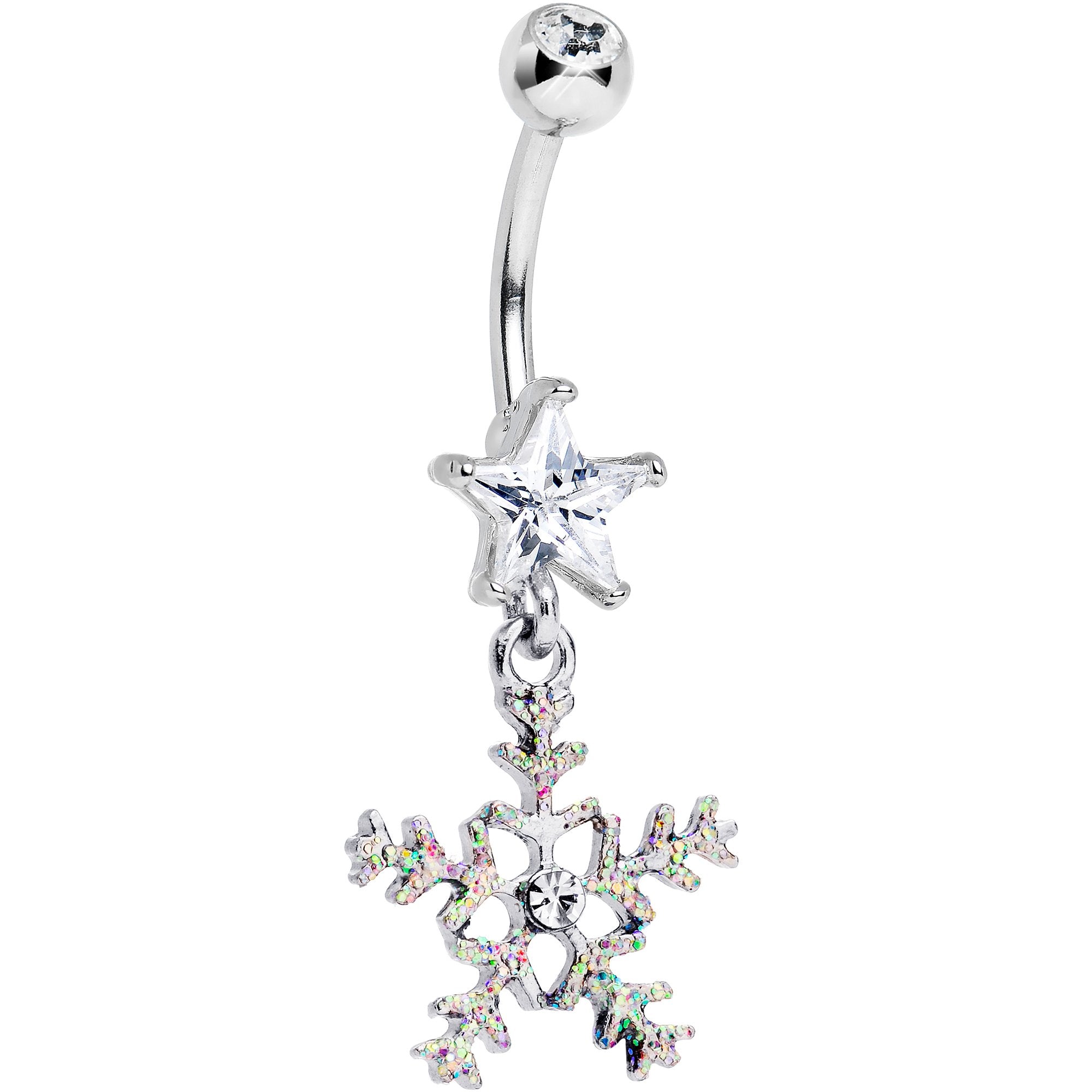 Clear Gem Iridescent Secret Snowflake Dangle Belly Ring