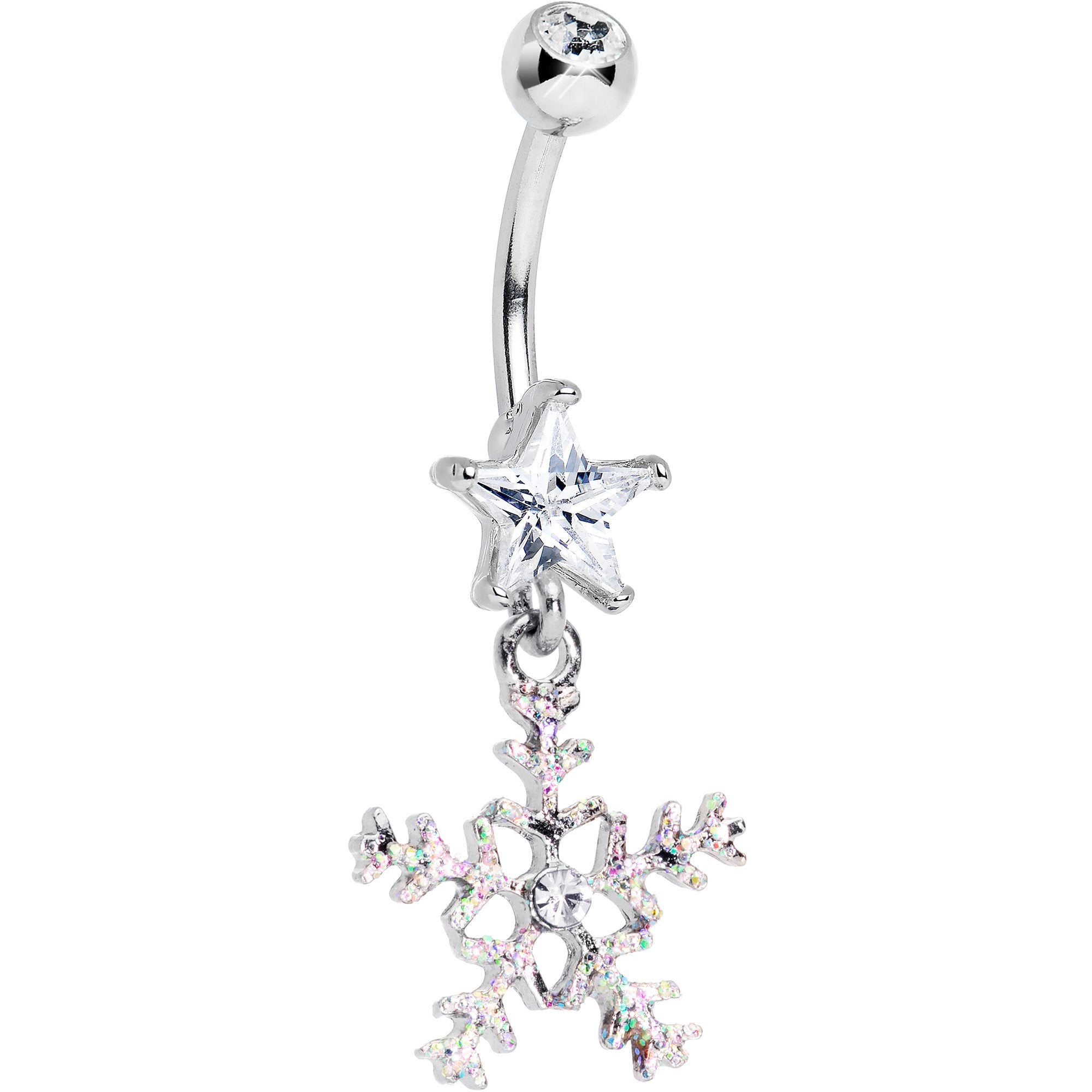 Clear Gem Iridescent Secret Snowflake Dangle Belly Ring