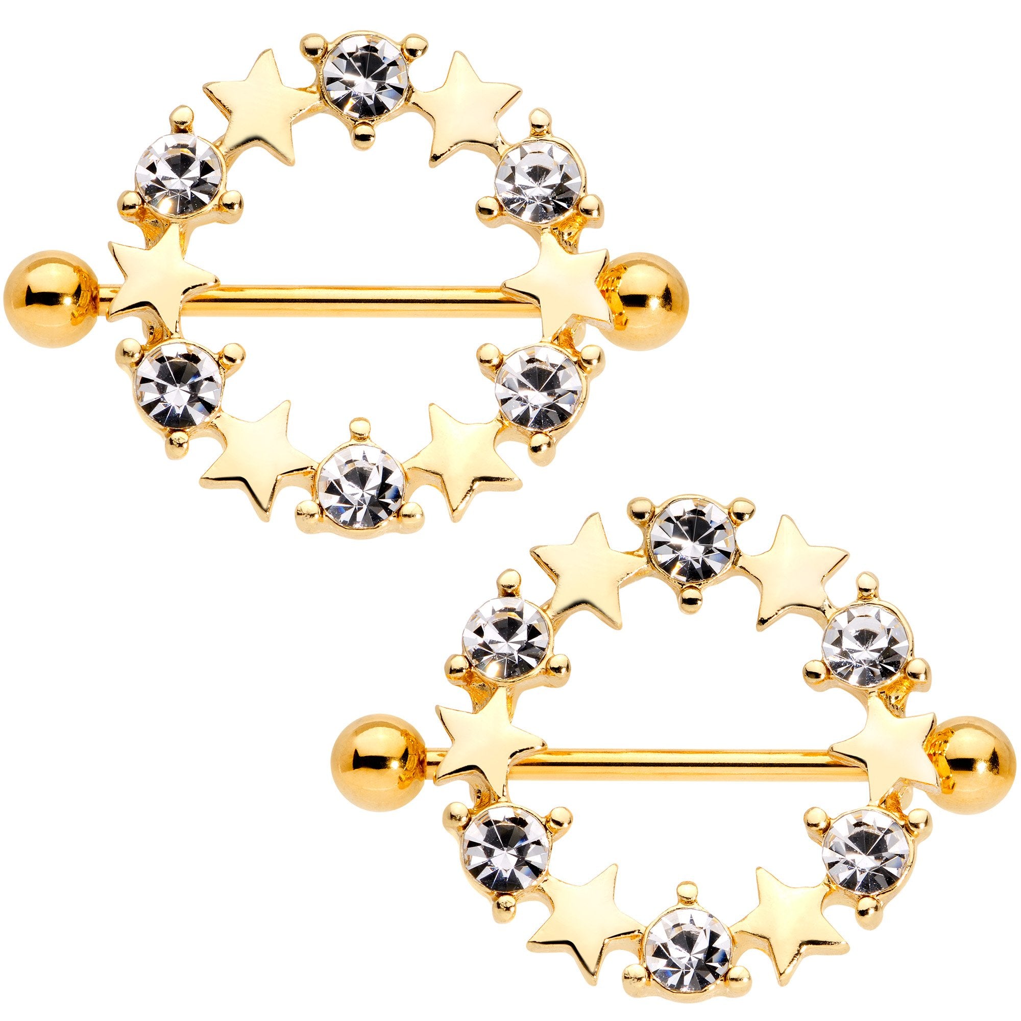 14 Gauge 7/8 Clear Gem Gold Tone Ring of Stars Nipple Shield Set