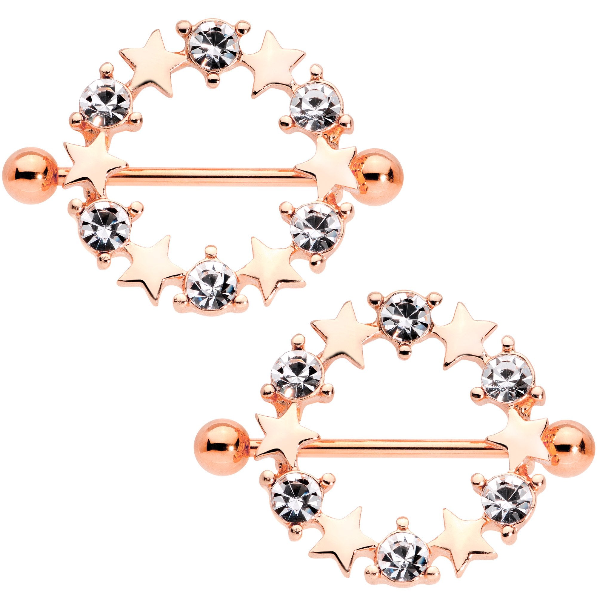 14 Gauge 7/16 Clear Gem Rose Gold Tone Ring of Stars Nipple Shield Set