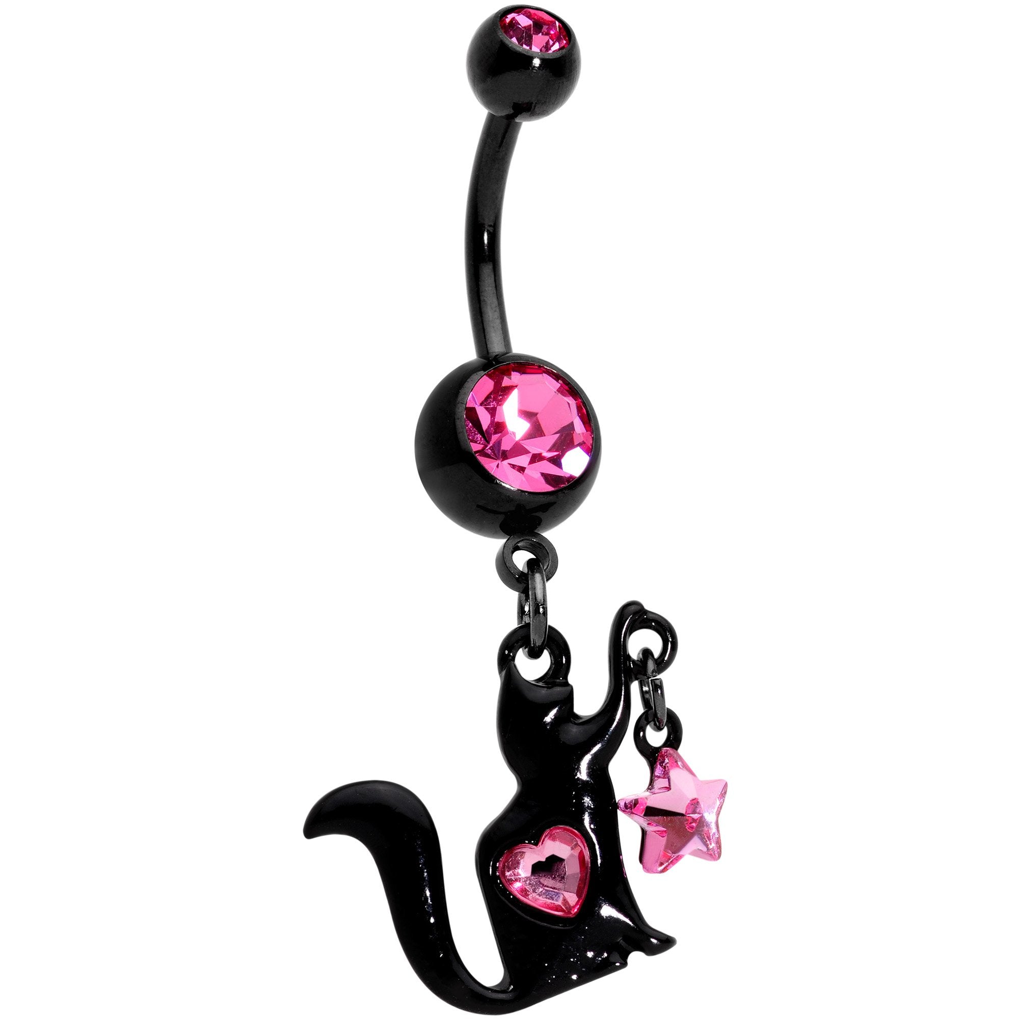 Pink Gem Black Plated Kitty Cat Loves Stars Dangle Belly Ring