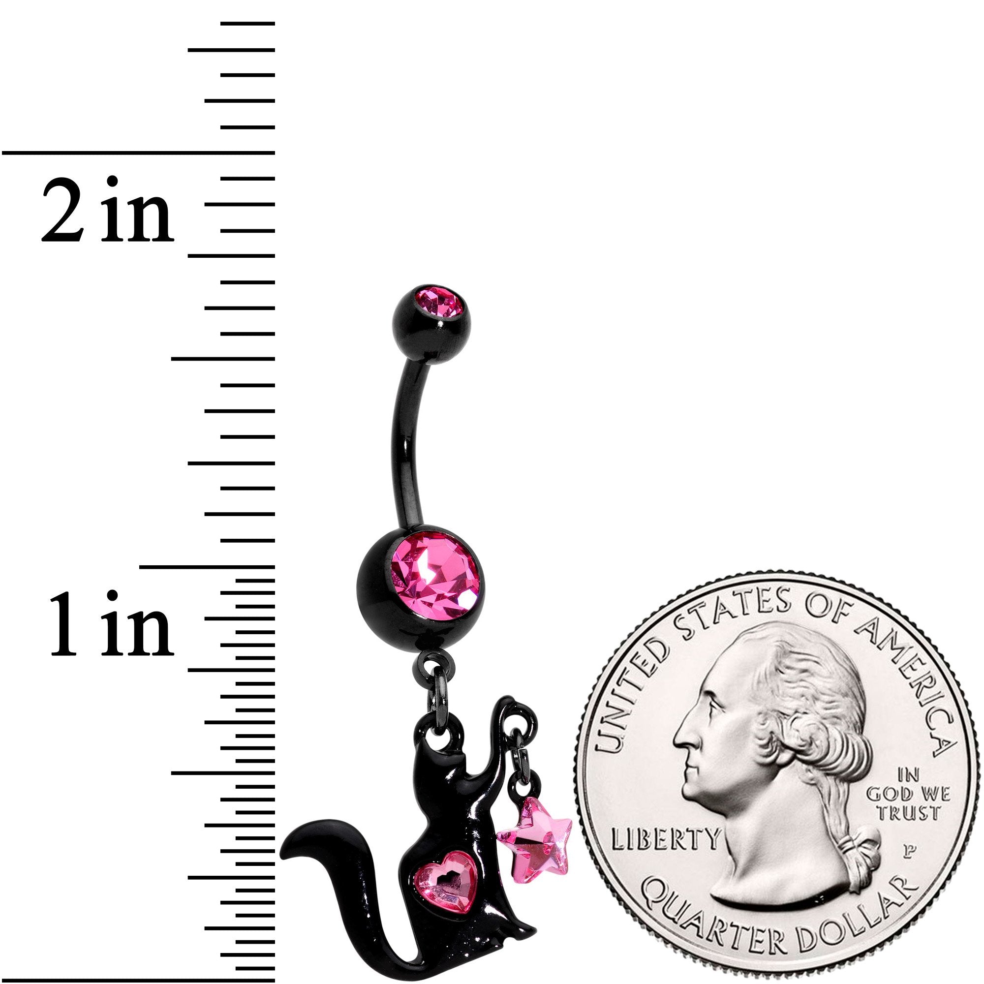 Pink Gem Black Plated Kitty Cat Loves Stars Dangle Belly Ring